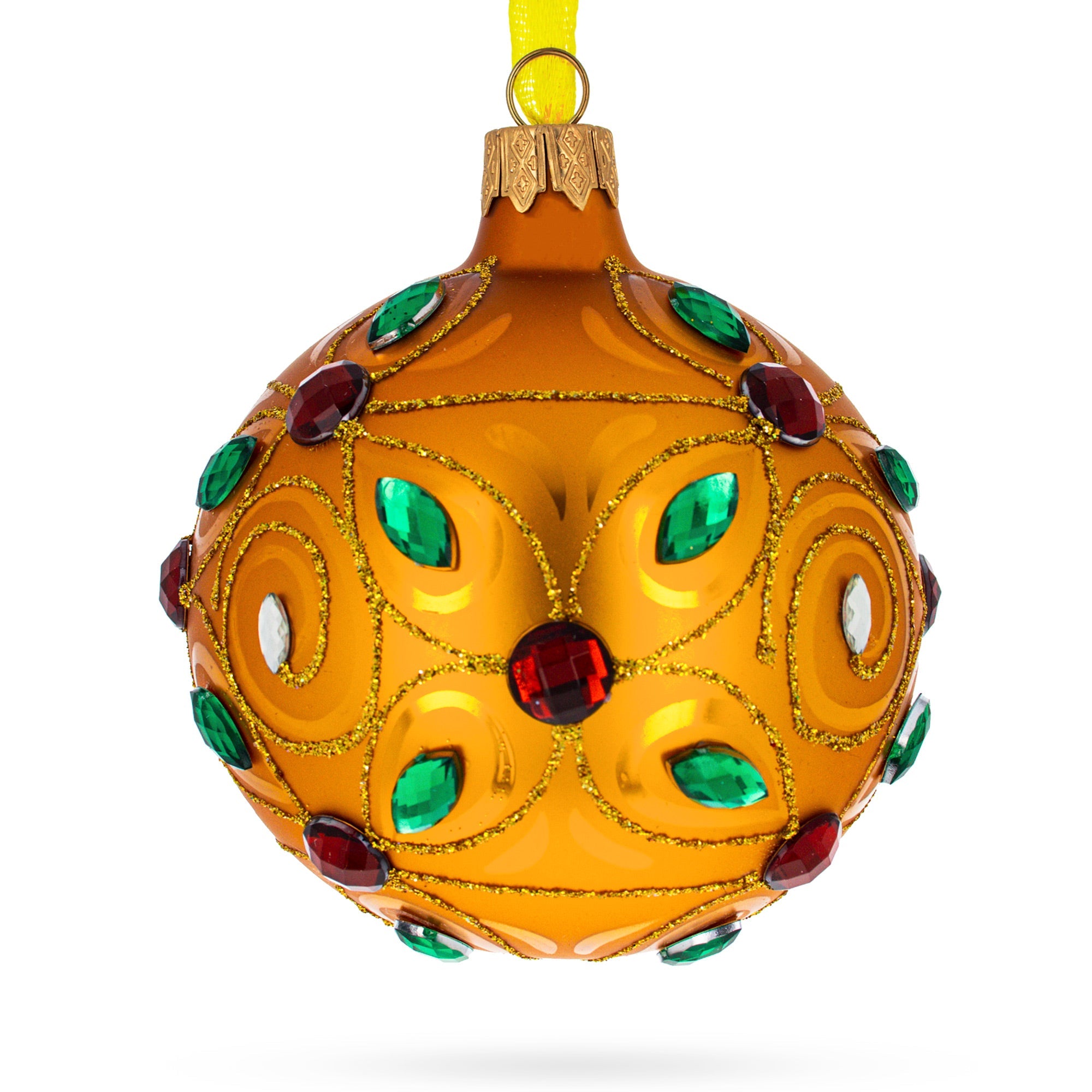 Opulent Spectrum: Radiant Multicolored Jewels Adorned On A Gilded Hand-painted Blown Glass Ball Christmas Ornament 3.25 Inches