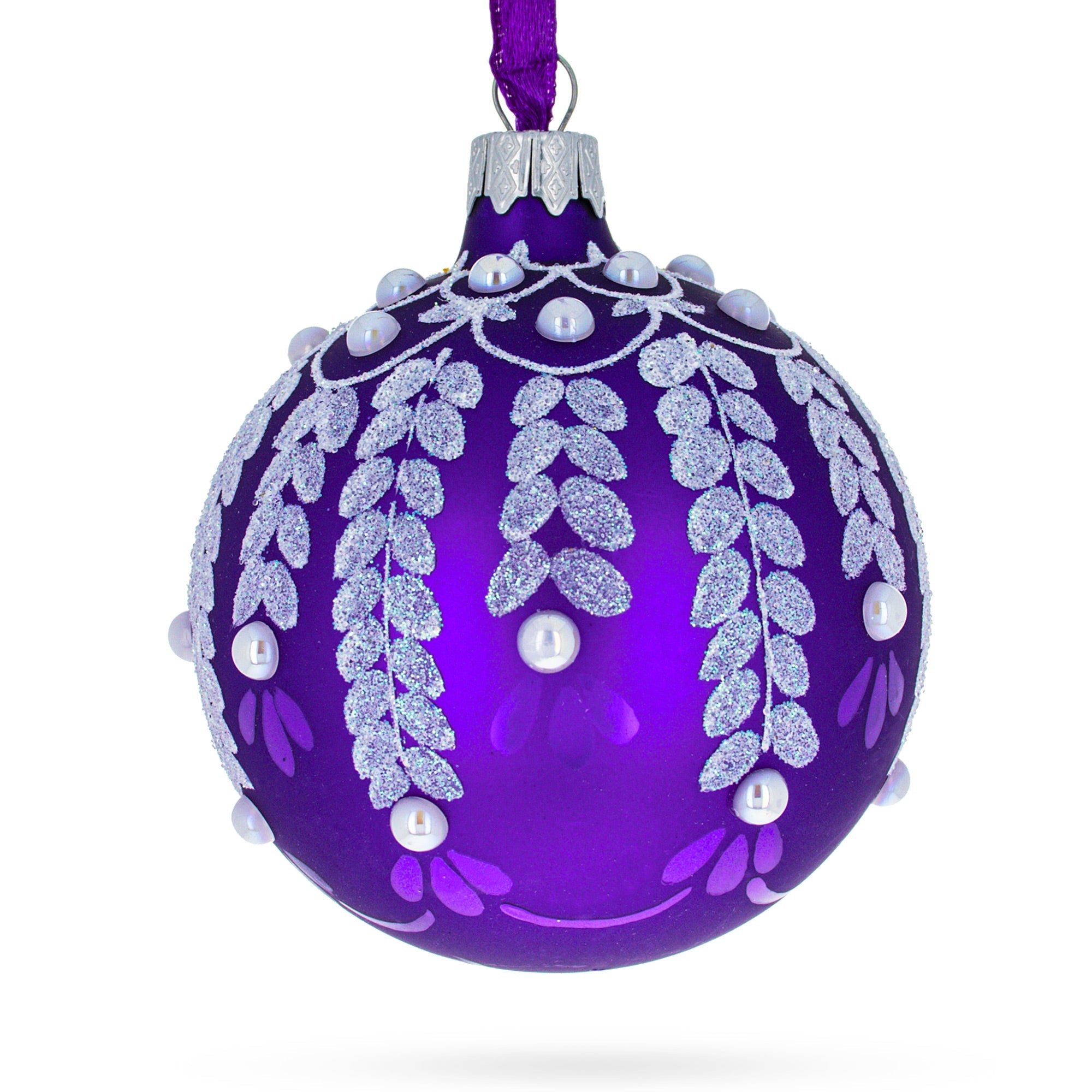 Ethereal Elegance: Delicate White Vines Entwined On A Lavender Dreamscape Hand-painted Blown Glass Ball Christmas Ornament 3.25 Inches