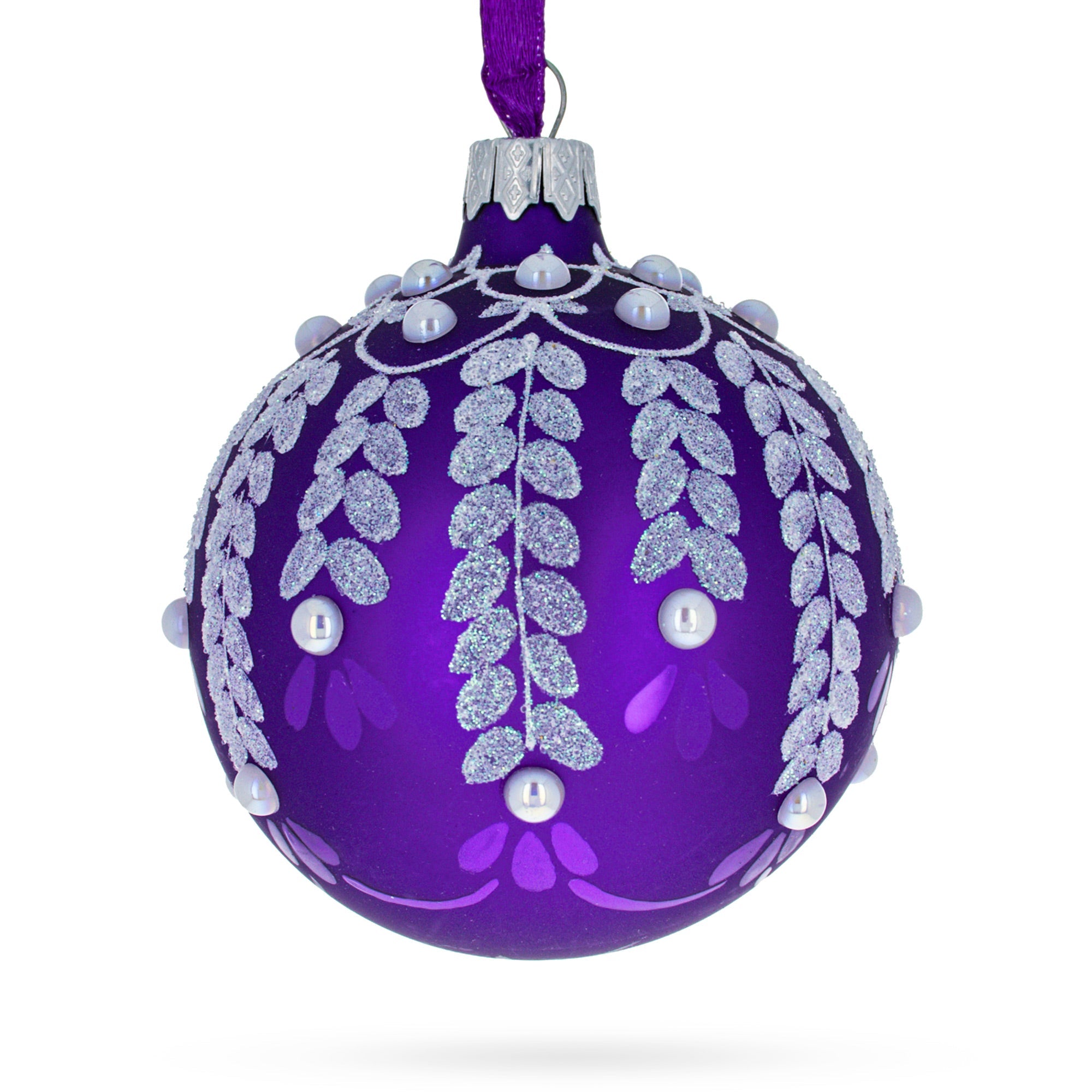 Ethereal Elegance: Delicate White Vines Entwined On A Lavender Dreamscape Hand-painted Blown Glass Ball Christmas Ornament 3.25 Inches