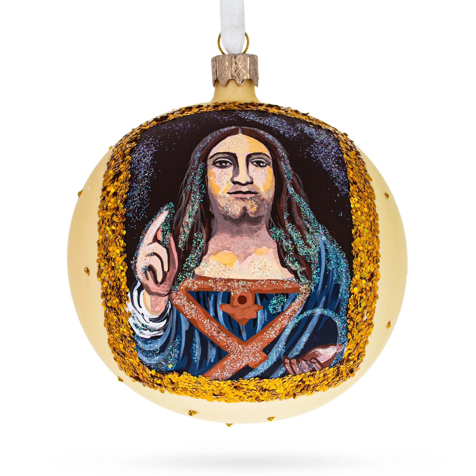 1500 'salvator Mundi' Masterpiece By Leonardo Da Vinci Blown Glass Ball Christmas Ornament 4 Inches