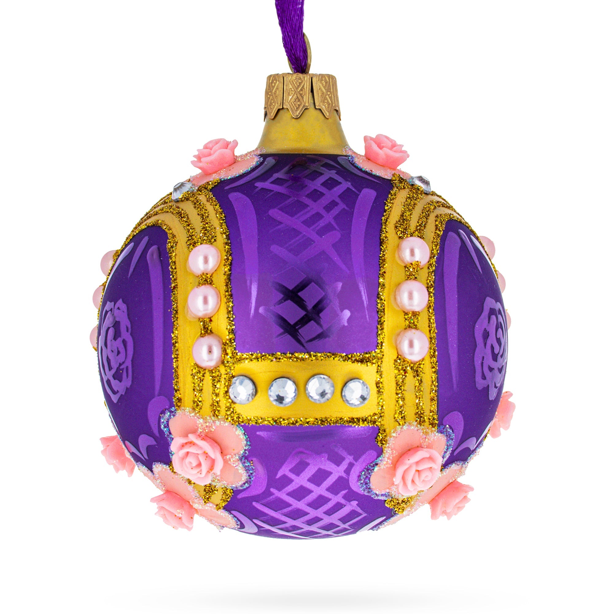 Milan Designer Luxury Earrings On Purple Blown Glass Ball Christmas Ornament 3.25 Inches