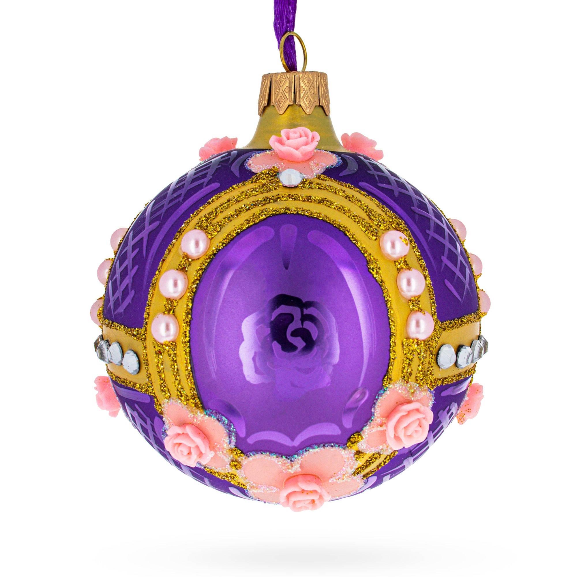 Milan Designer Luxury Earrings On Purple Blown Glass Ball Christmas Ornament 3.25 Inches