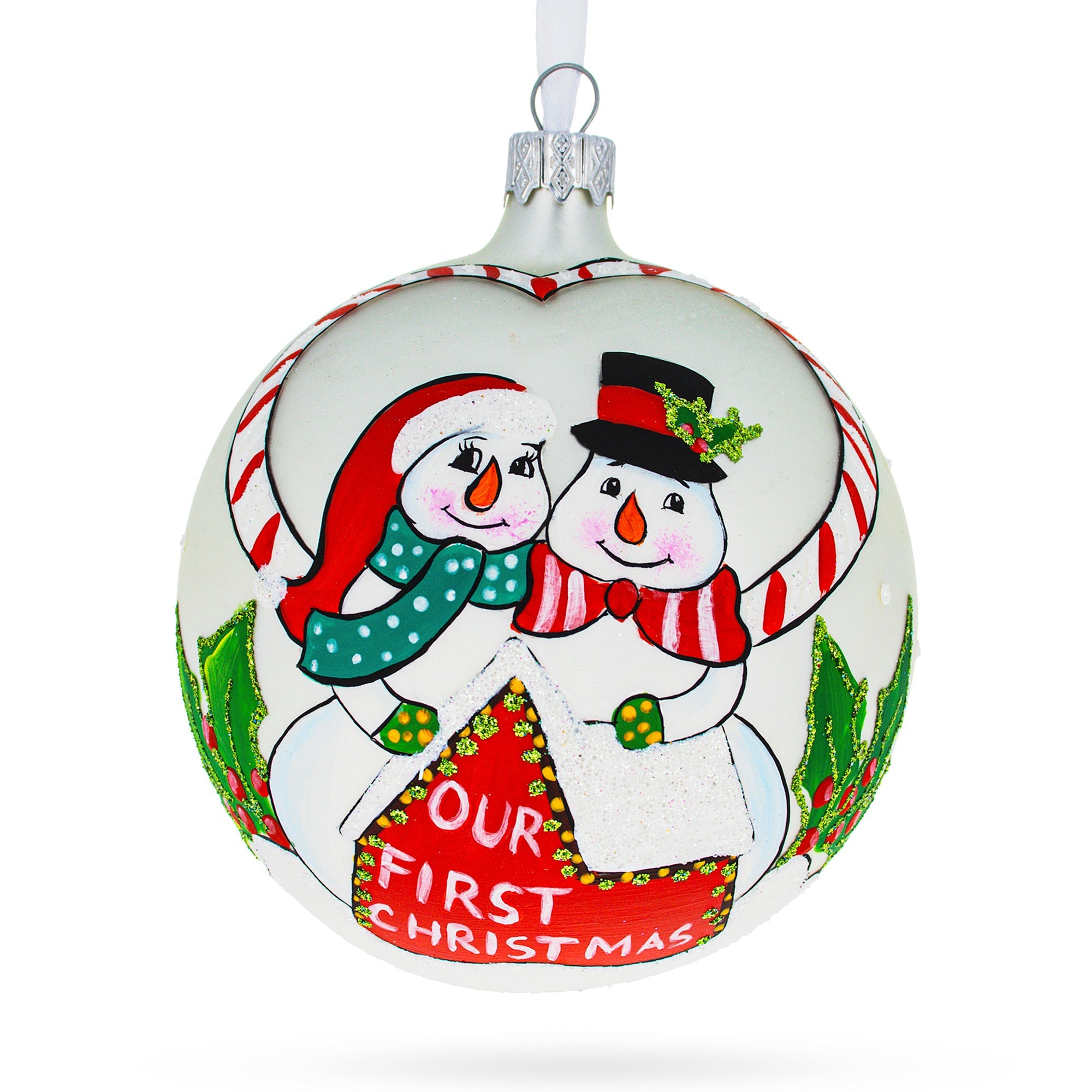 Snowmen Celebrating 'our First Christmas' Blown Glass Ball Christmas Ornament 4 Inches