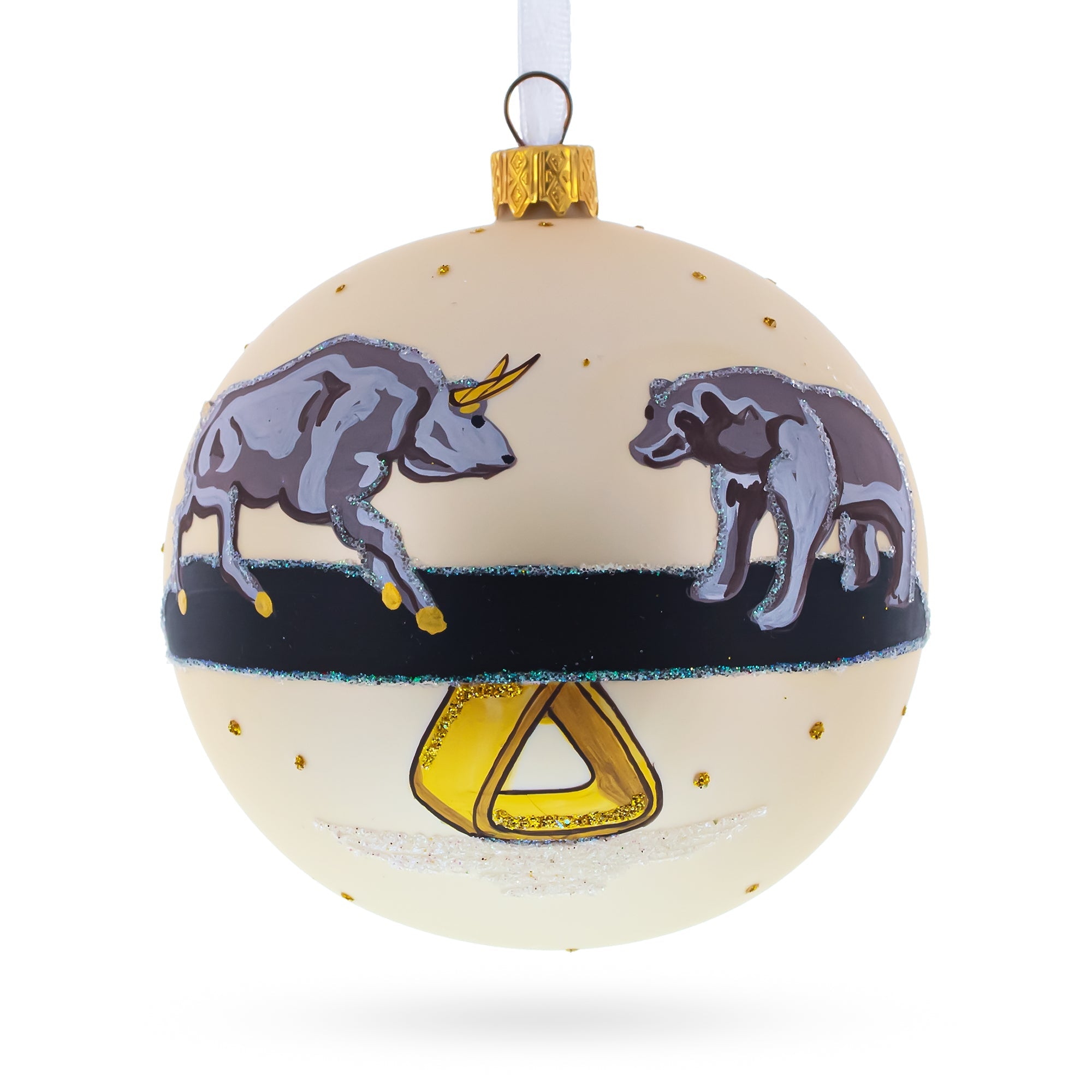 Bear Vs. Bull Blown Glass Ball Christmas Ornament 4 Inches