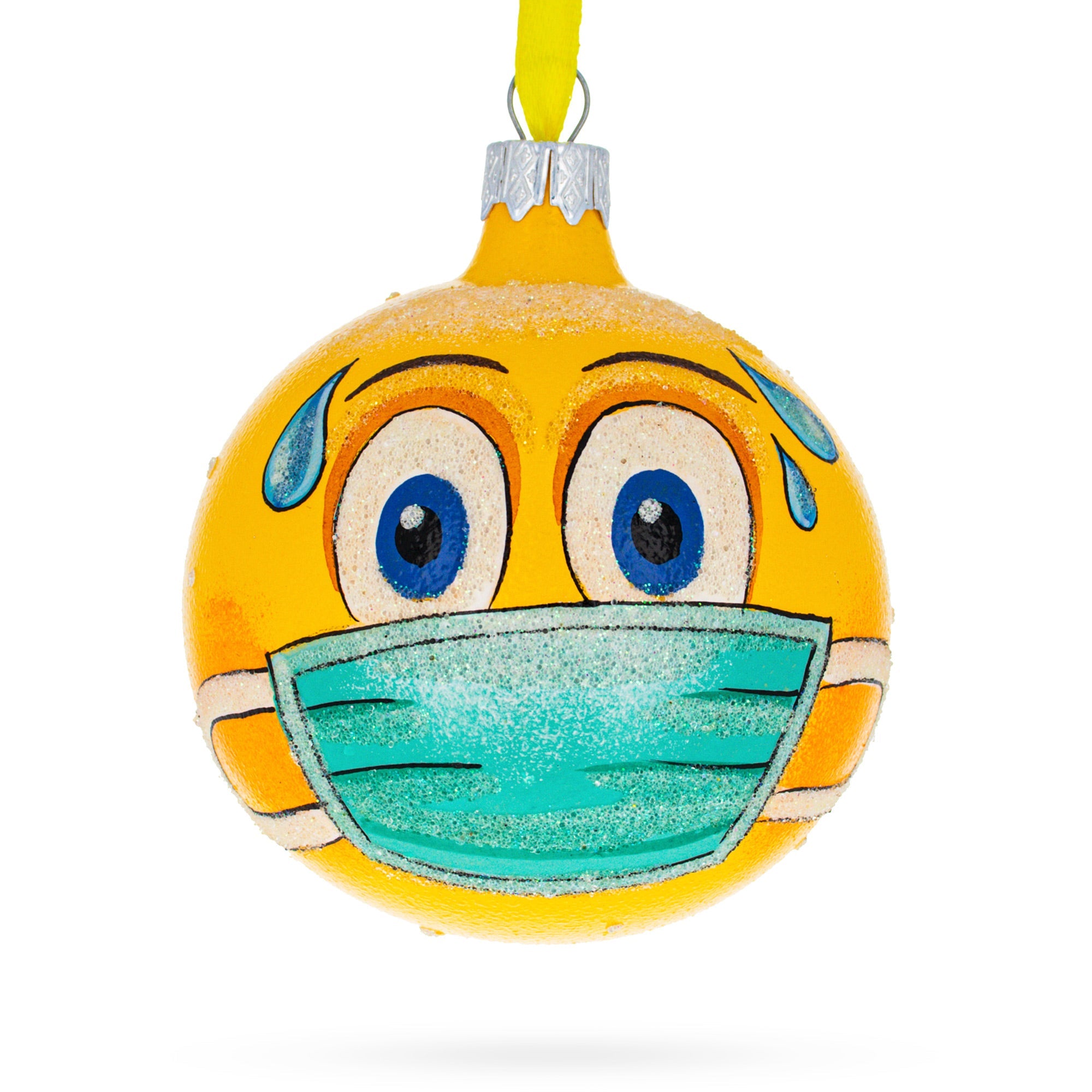 Facial Expressions In Mask Blown Glass Ball Christmas Ornament 3.25 Inches