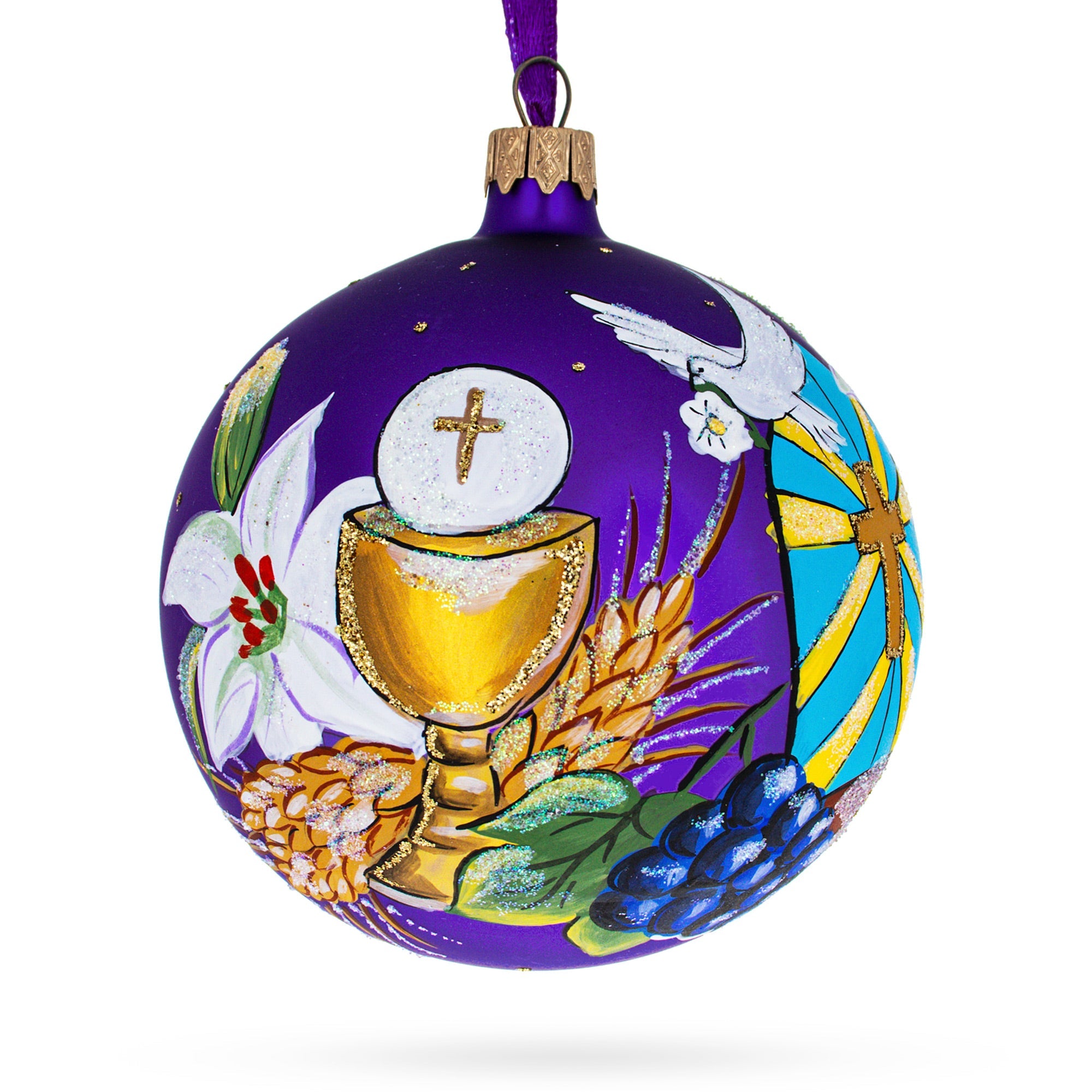 Sacred Rite: First Communion On Purple Blown Glass Ball Christmas Ornament 4 Inches