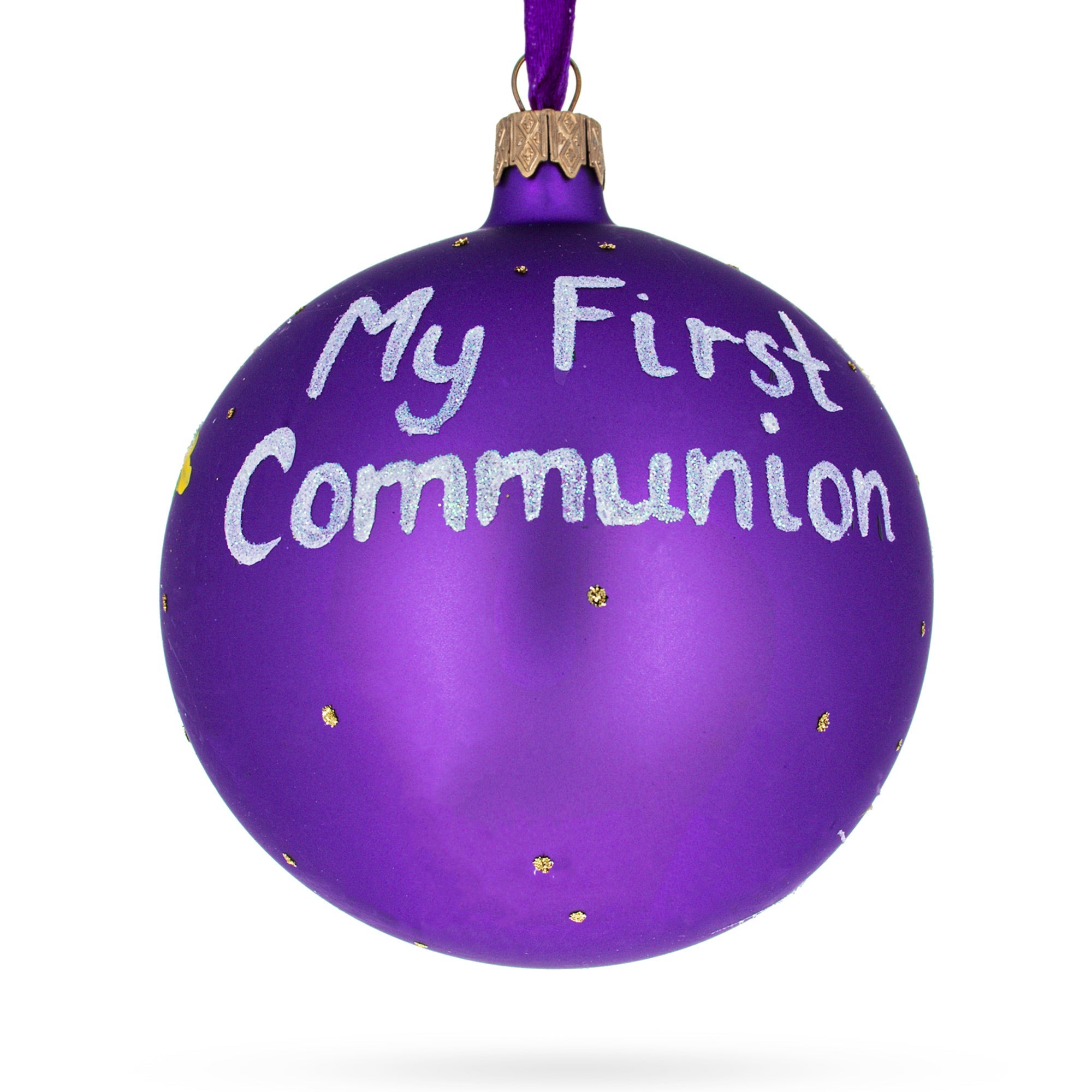 Sacred Rite: First Communion On Purple Blown Glass Ball Christmas Ornament 4 Inches