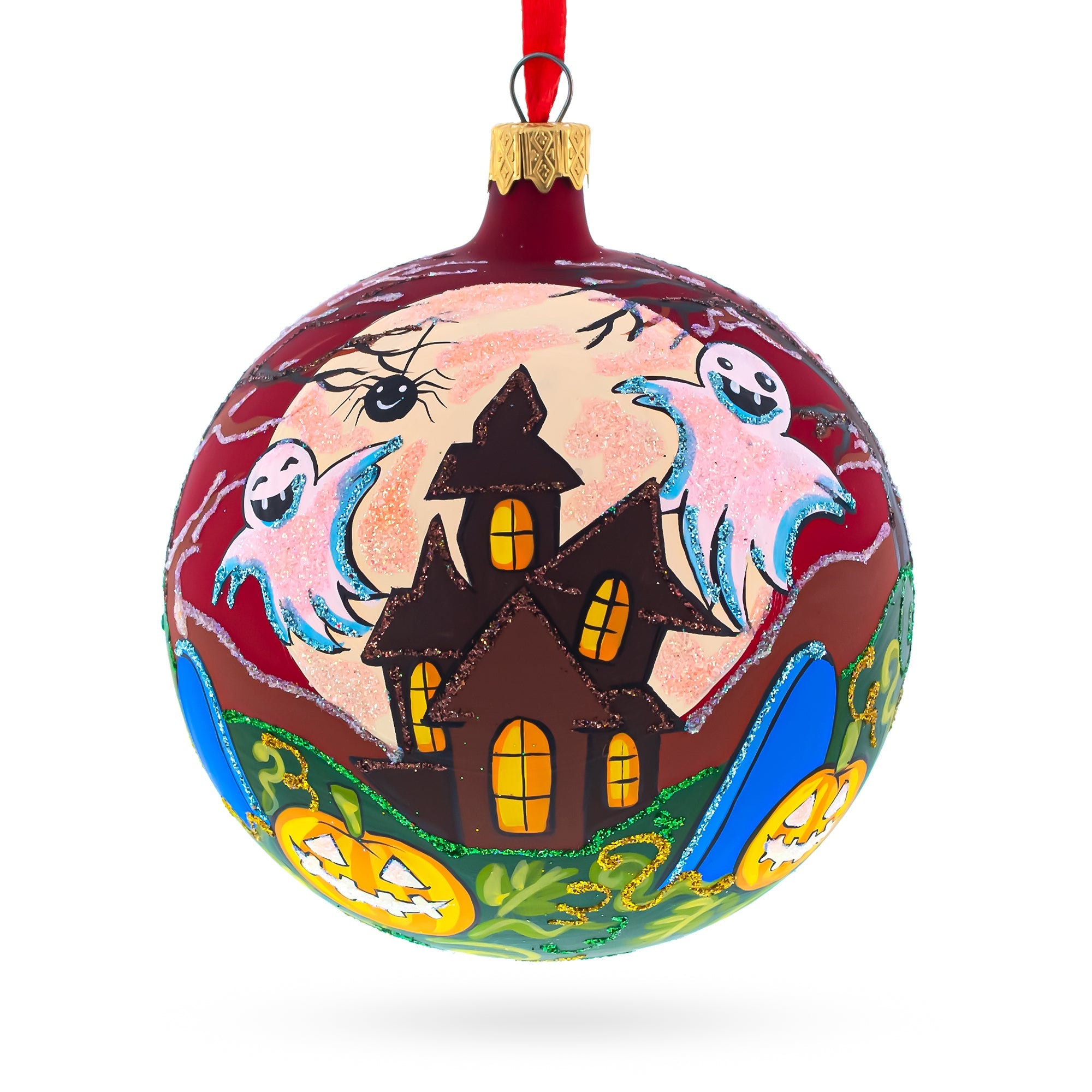 Spectral Spooks: Ghosts And Haunted House Blown Glass Ball Halloween Ornament 4 Inches