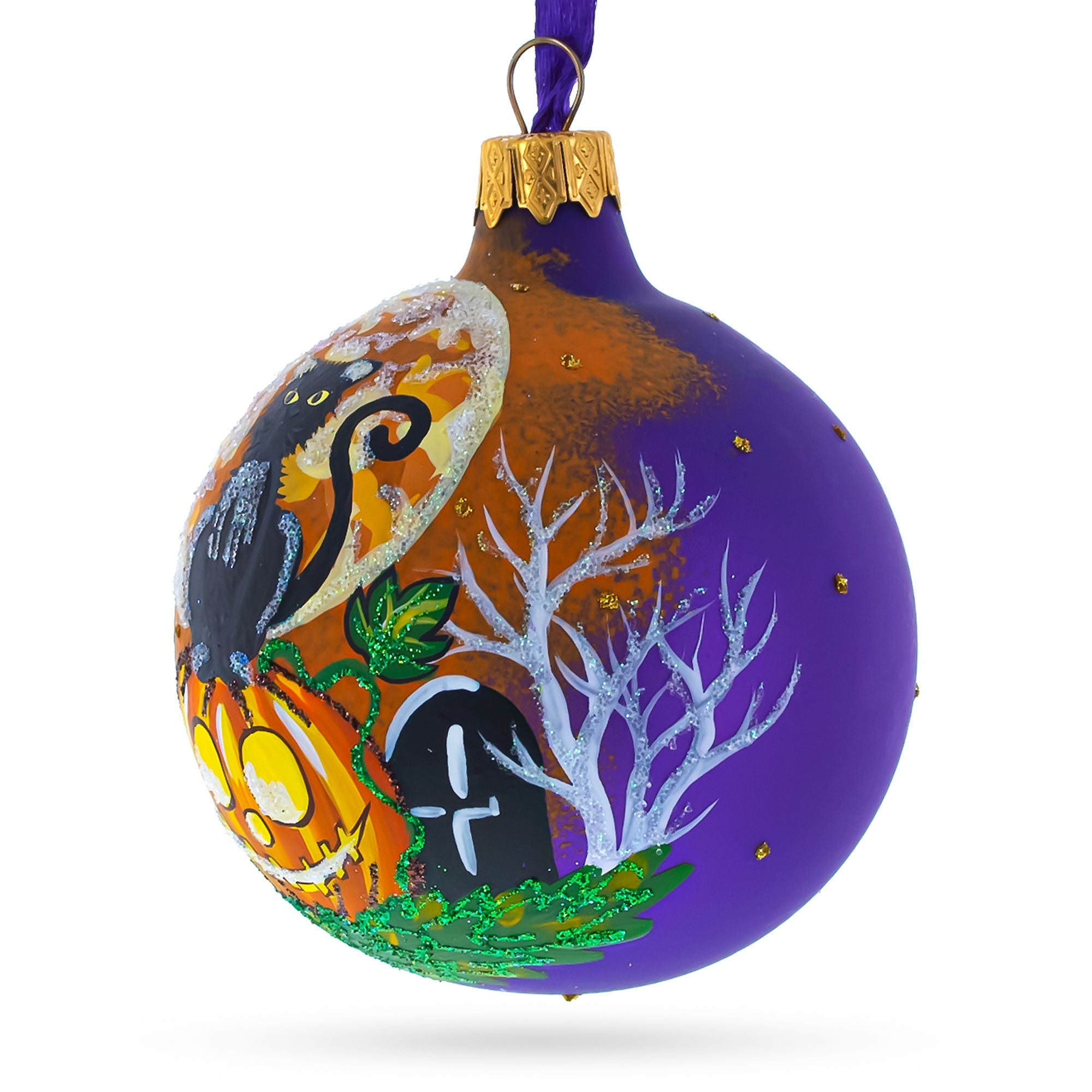 Spooky Serenity: Black Cat At Cemetery Blown Glass Ball Halloween Ornament 3.25 Inches