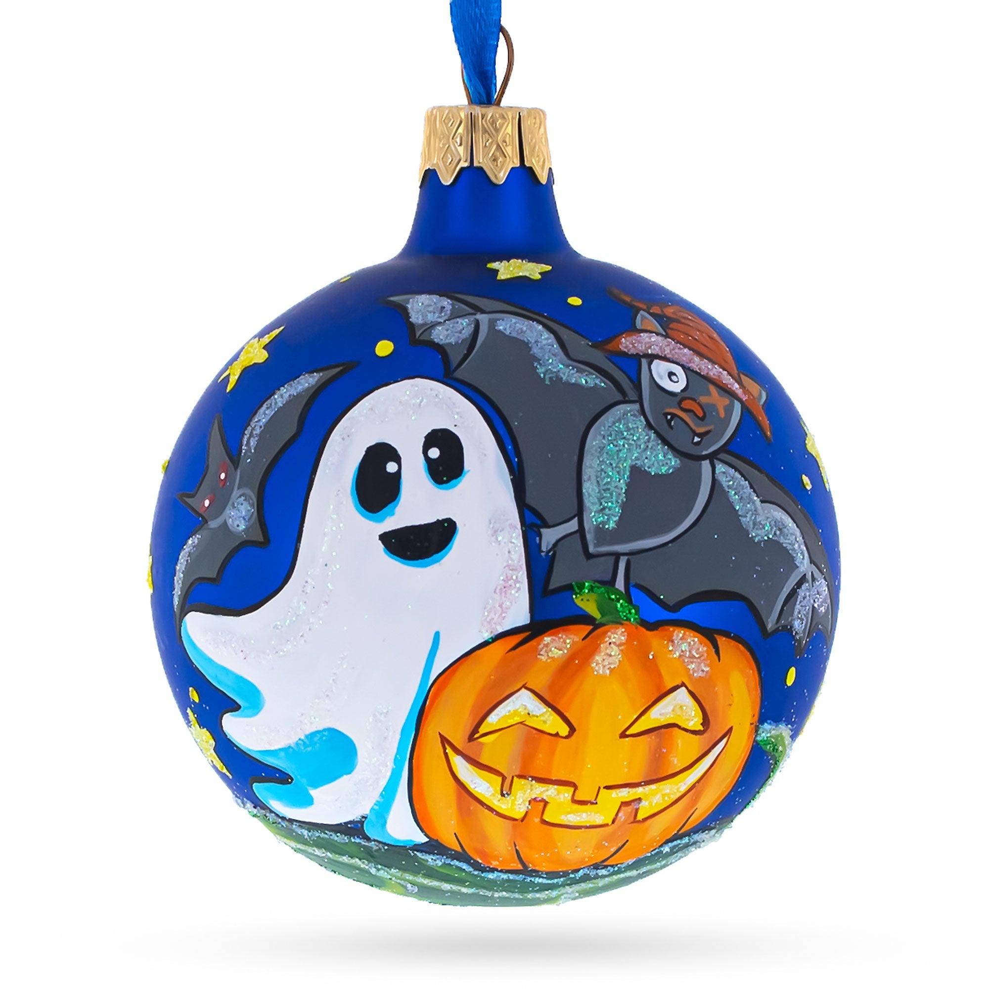 Specter And Bat: Ghost And Bat Blown Glass Ball Halloween Ornament 3.25 Inches