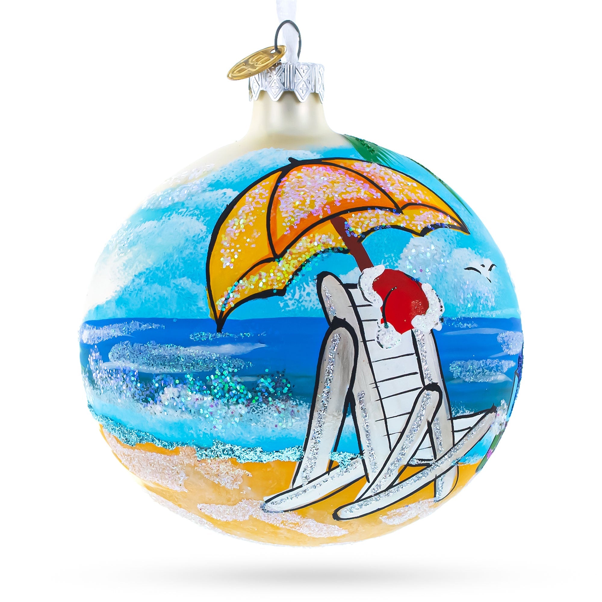 Santa Hat Relaxing At Beach Blown Glass Ball Christmas Ornament 4 Inches