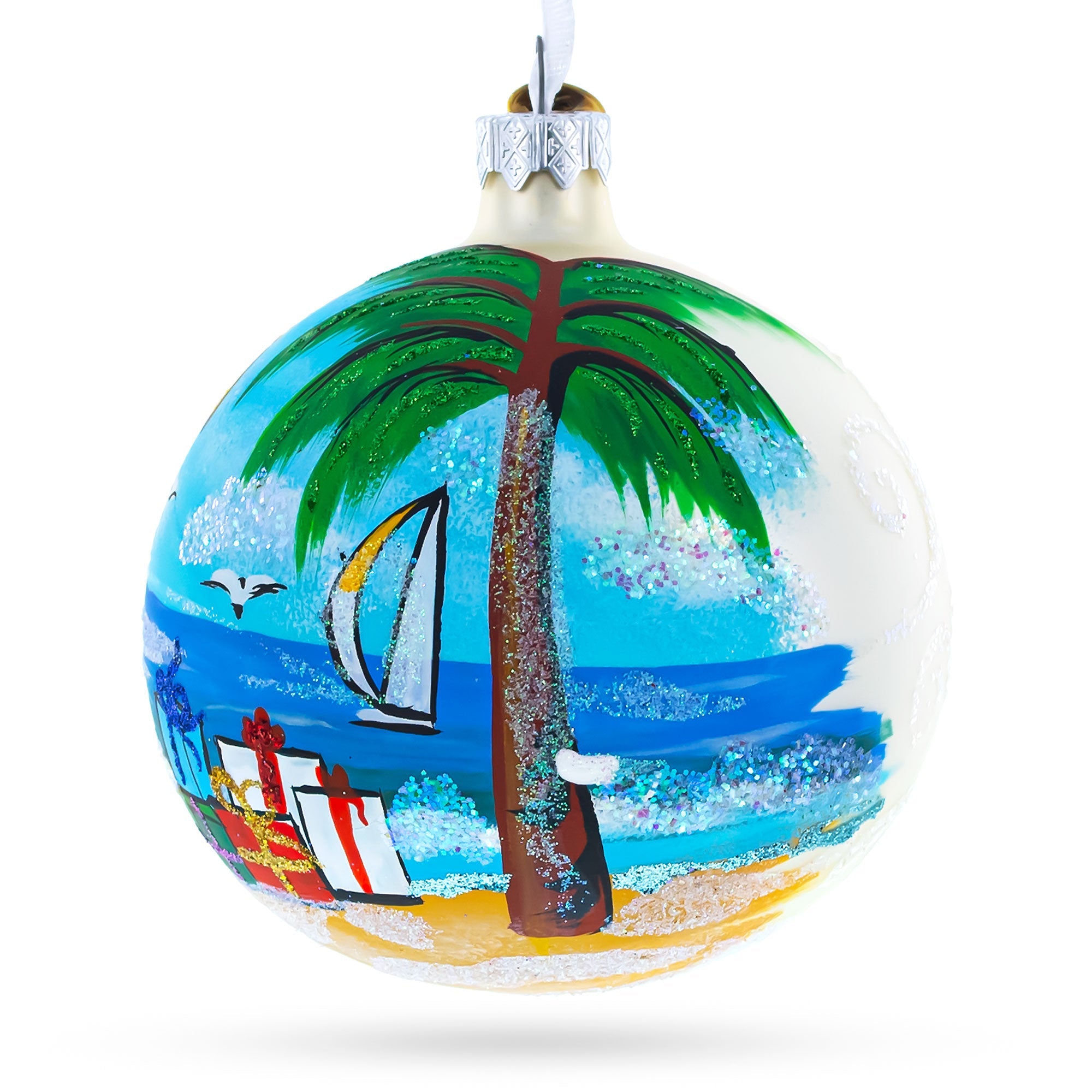 Santa Hat Relaxing At Beach Blown Glass Ball Christmas Ornament 4 Inches