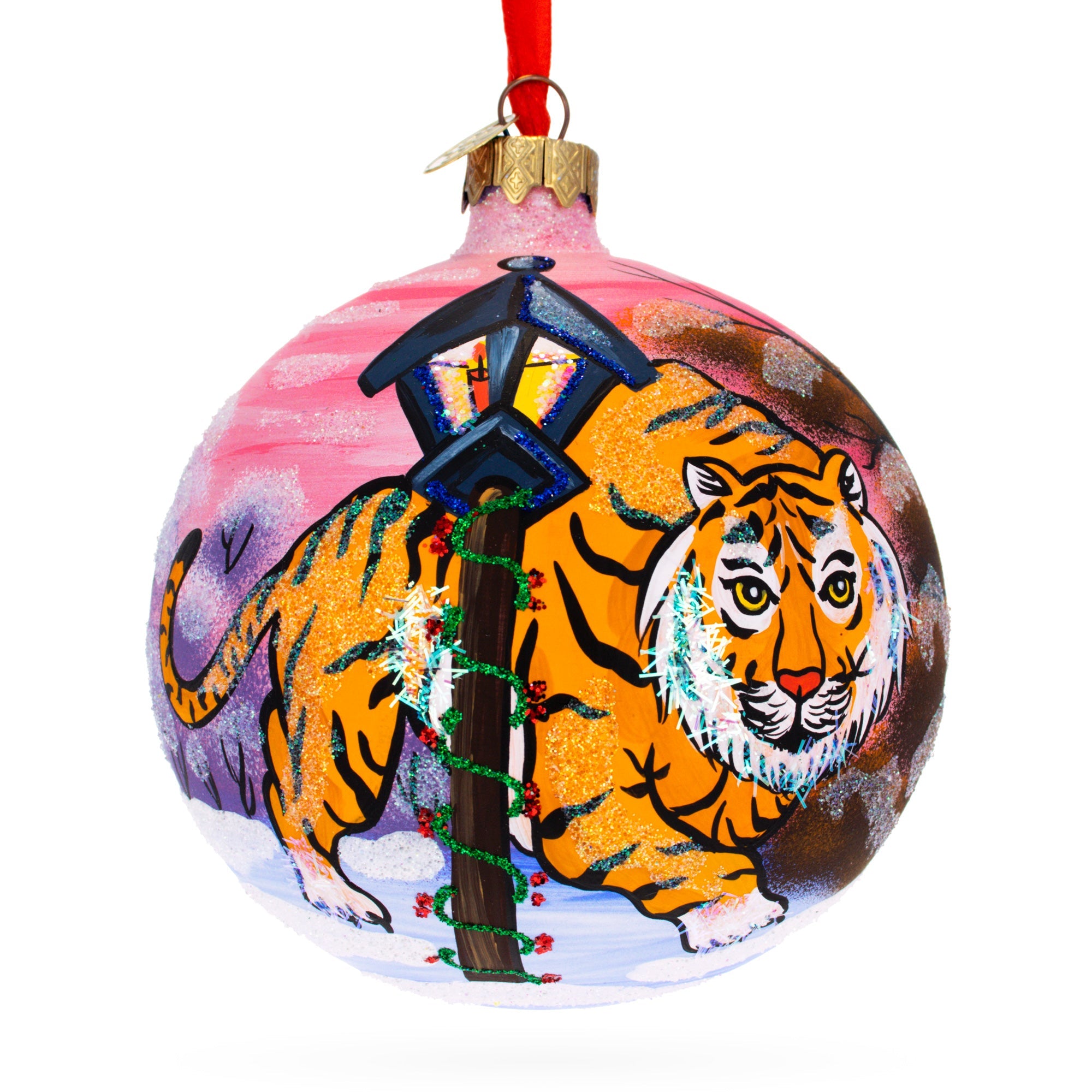 Majestic Winter Tiger: Tiger In The Snow Blown Glass Ball Christmas Ornament 4 Inches