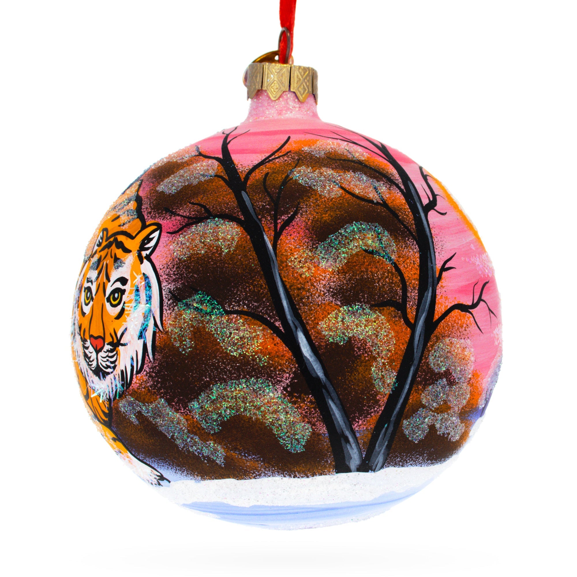 Majestic Winter Tiger: Tiger In The Snow Blown Glass Ball Christmas Ornament 4 Inches