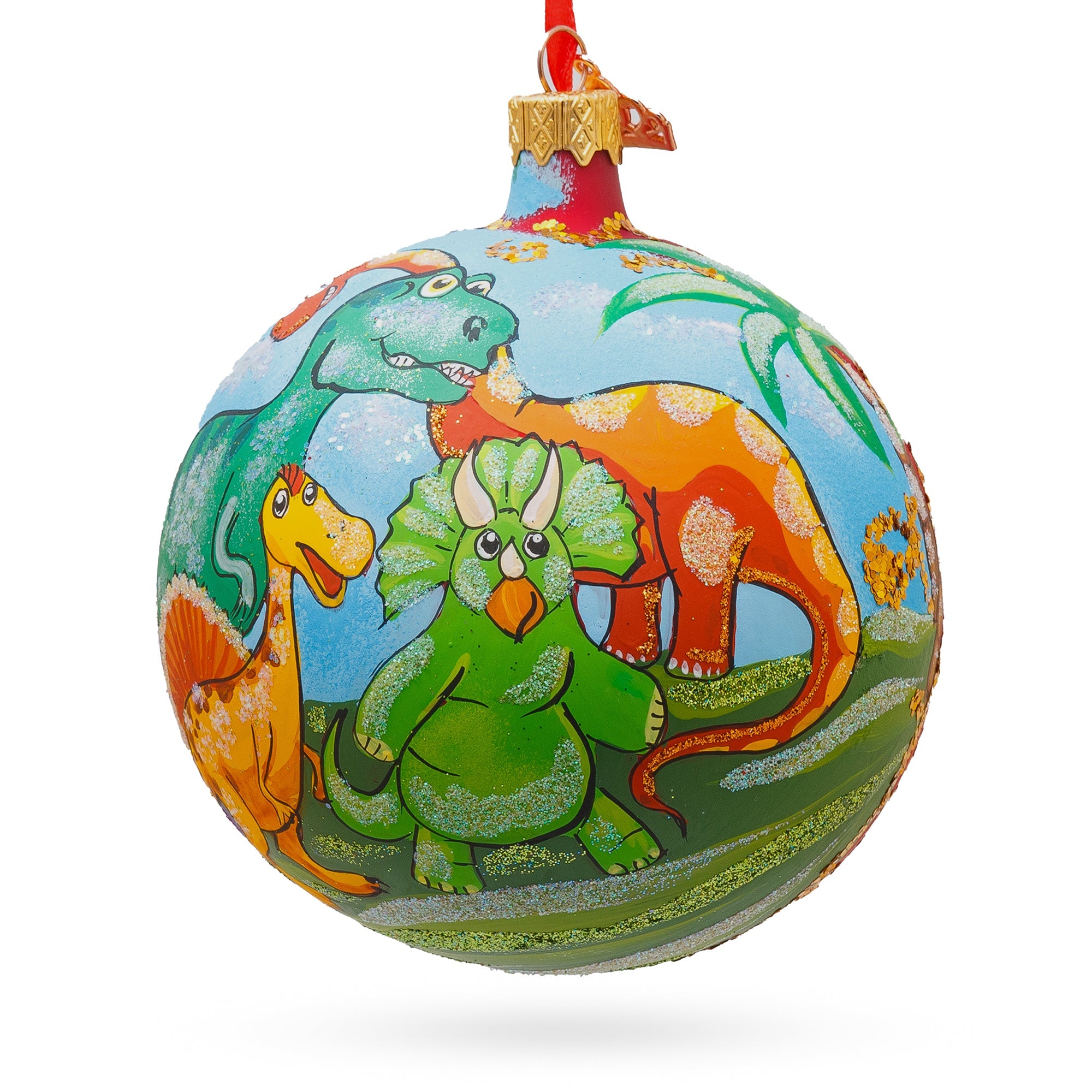 Prehistoric Adventure: Dinosaurs In Jungles Blown Glass Ball Christmas Ornament 4 Inches