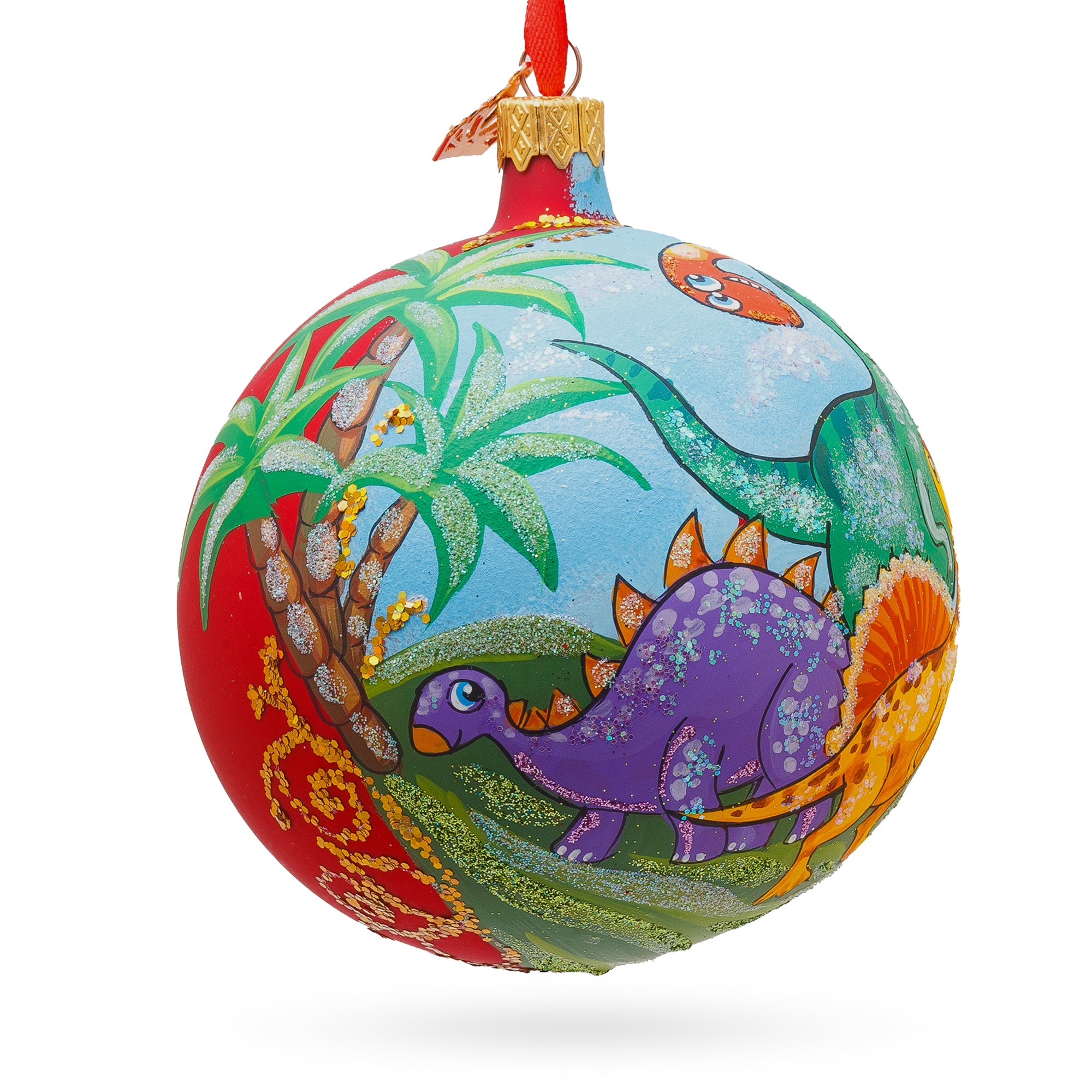 Prehistoric Adventure: Dinosaurs In Jungles Blown Glass Ball Christmas Ornament 4 Inches