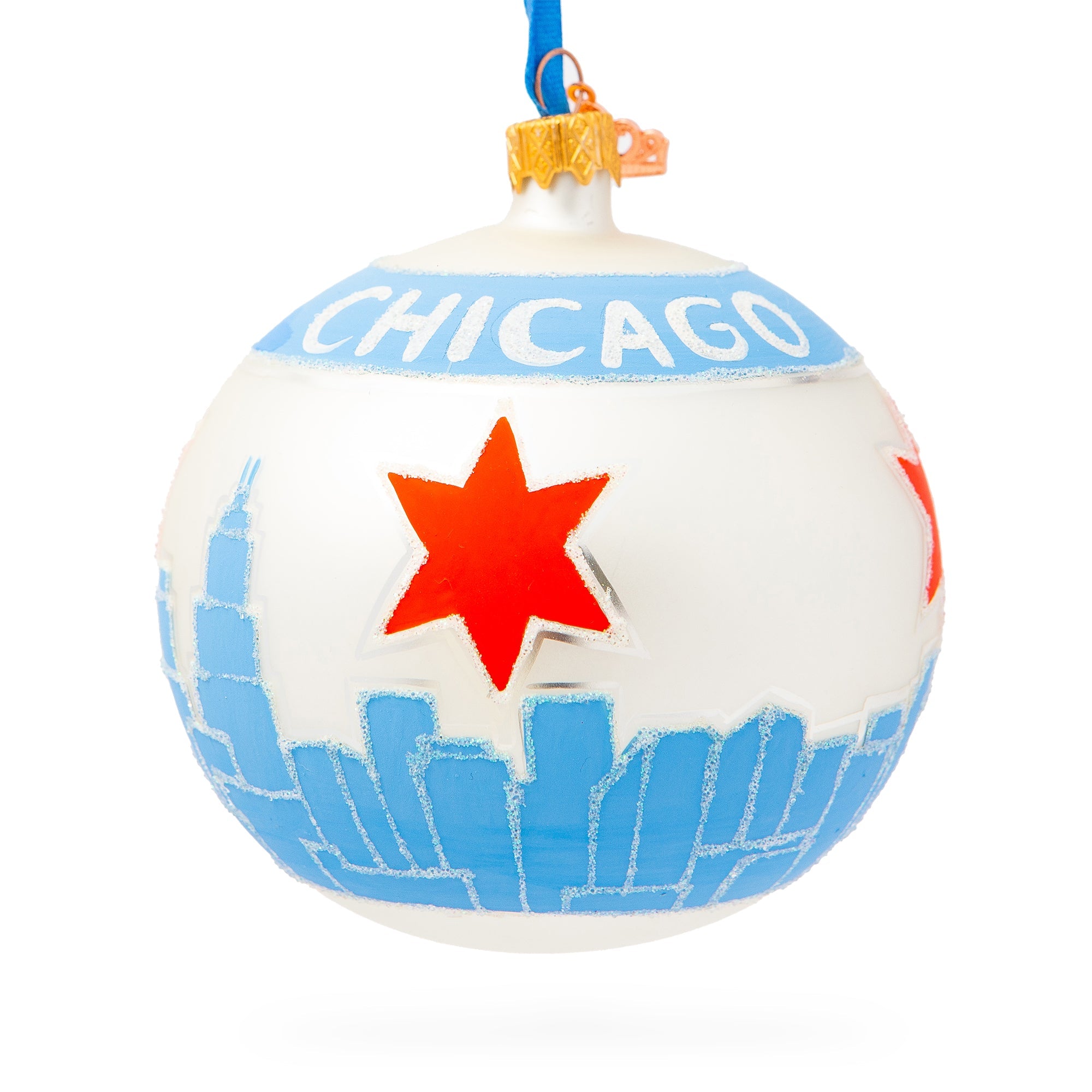 Chicago Cityscape And Flag Glass Ball Christmas Ornament 4 Inches