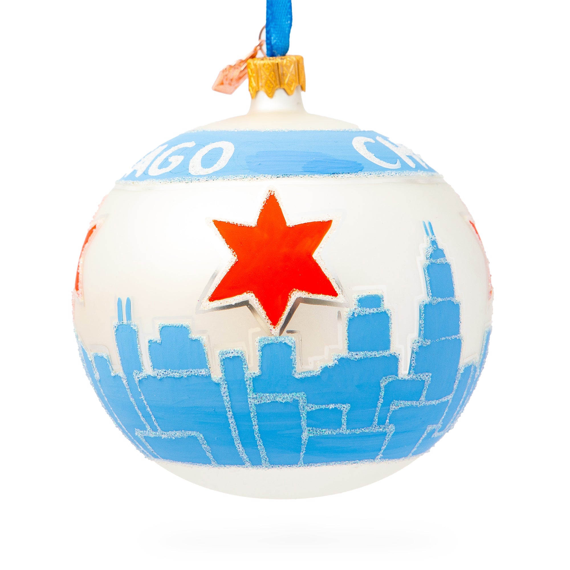 Chicago Cityscape And Flag Glass Ball Christmas Ornament 4 Inches