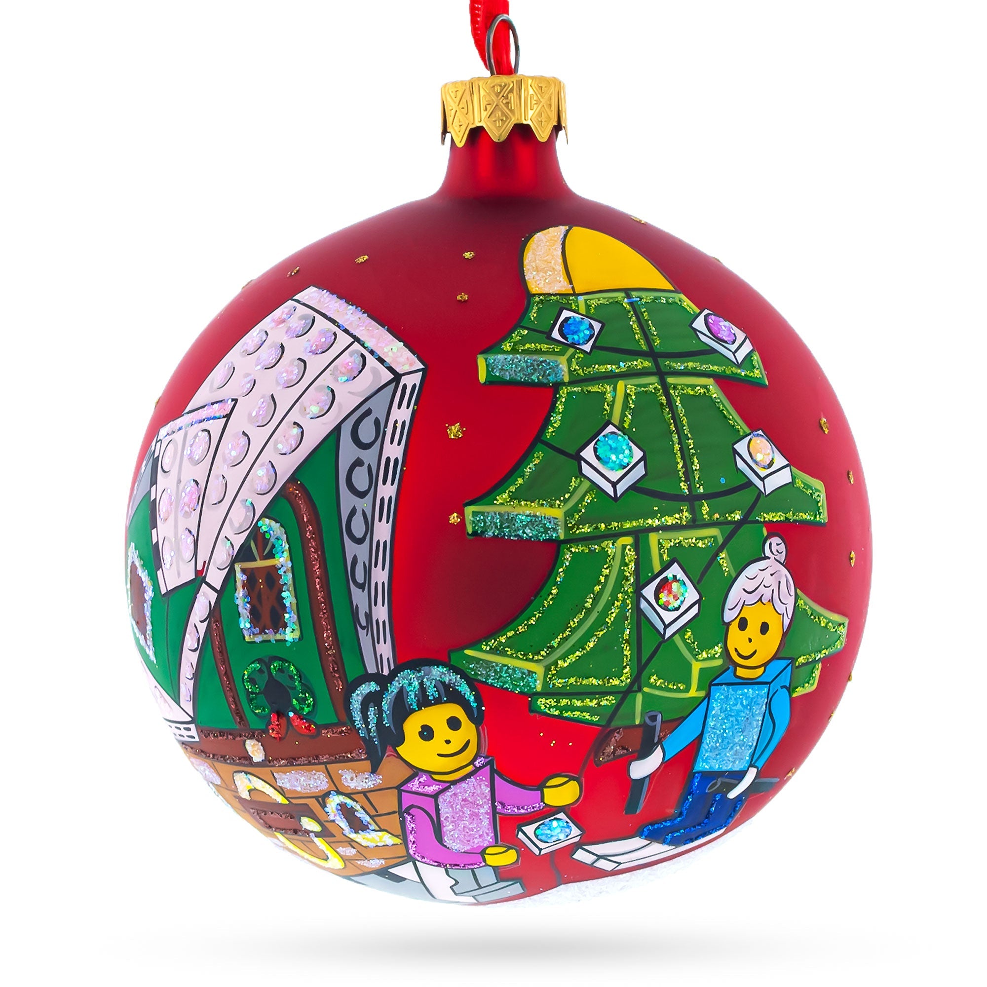 Playful Creativity: Building Blocks House Blown Glass Ball Christmas Ornament 4 Inches