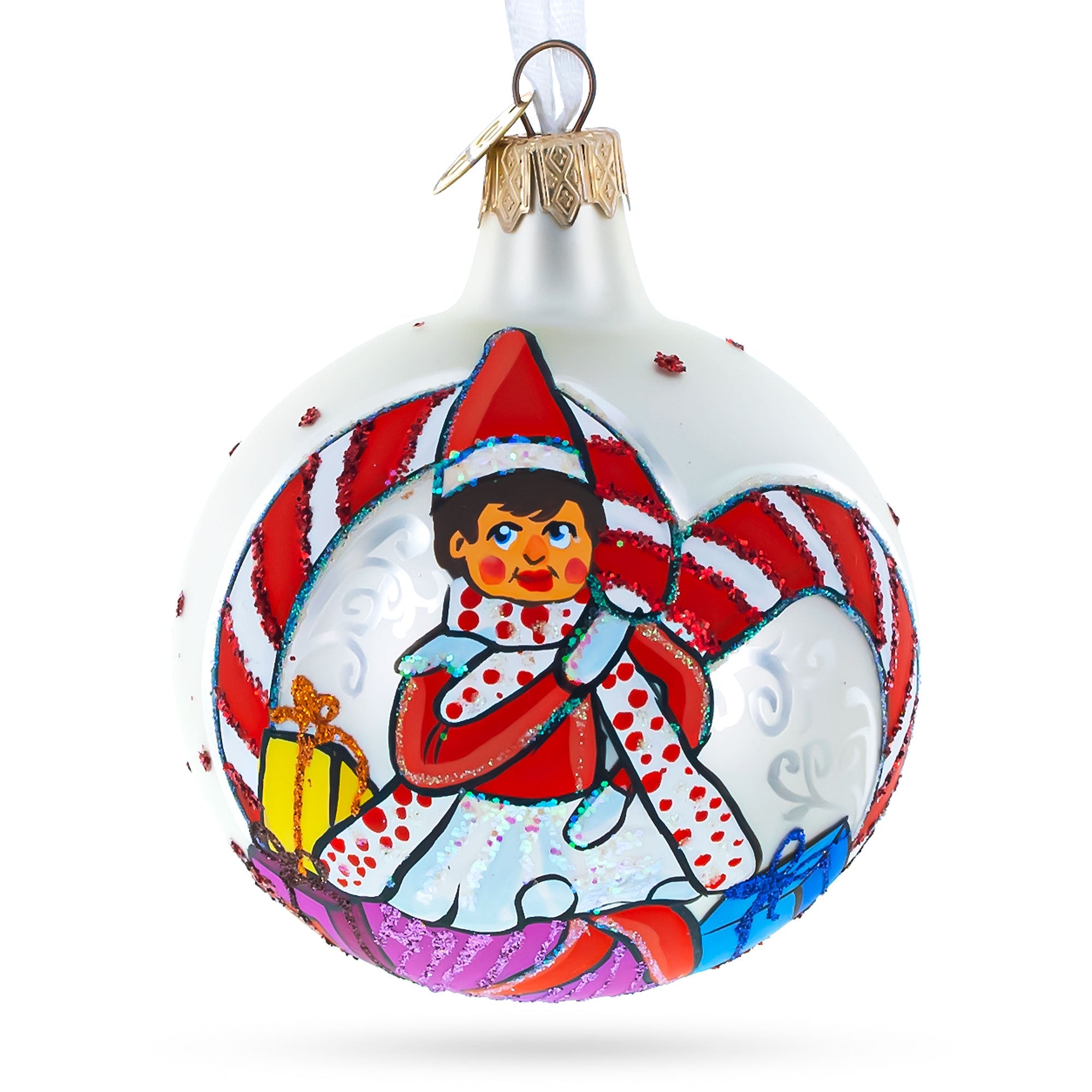 Elfin Delights: Elf And Candy Canes Blown Glass Ball Christmas Ornaments 3.25 Inches