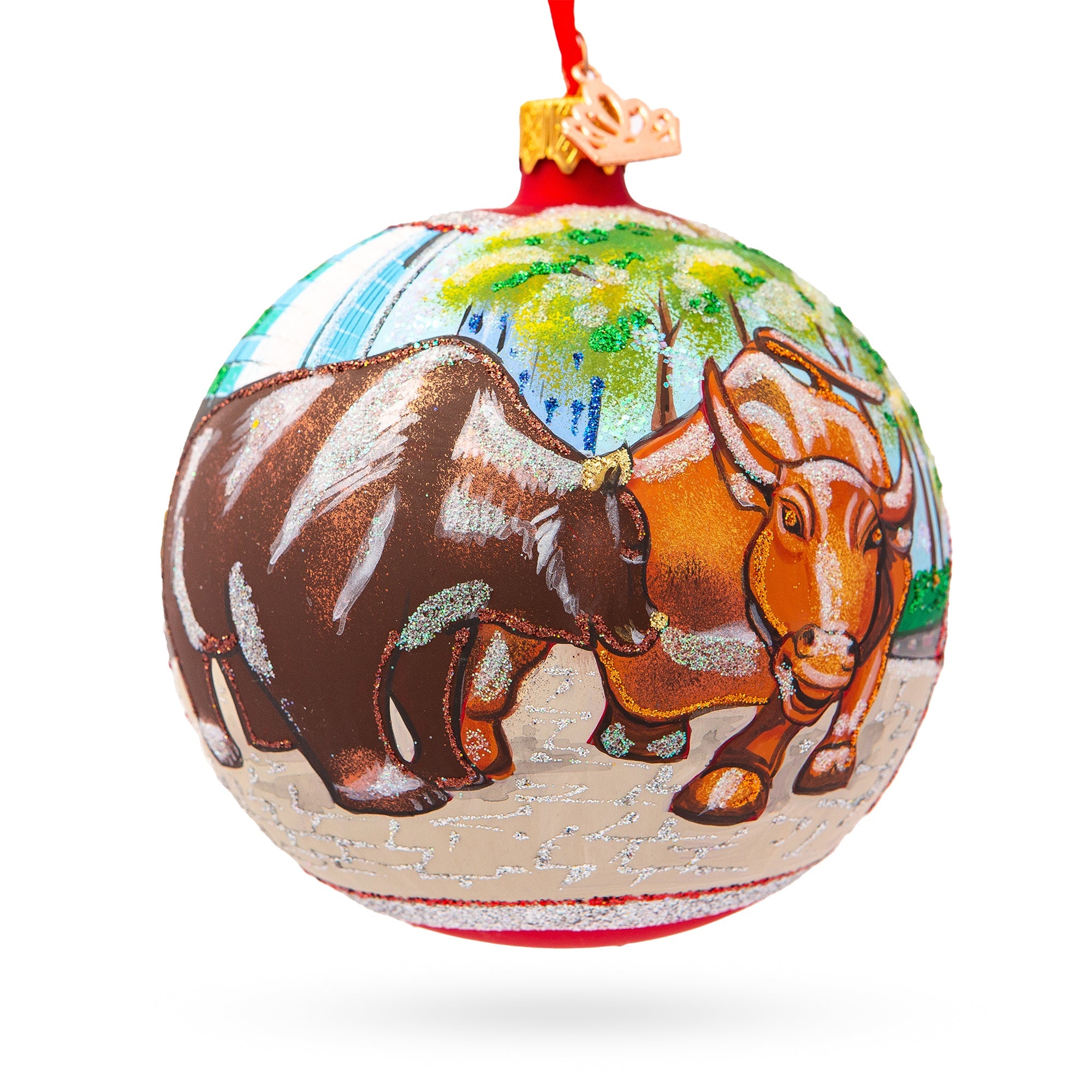 Wall Street Icons: Bear And Bull On Wall Street Blown Glass Ball Christmas Ornament 4 Inches