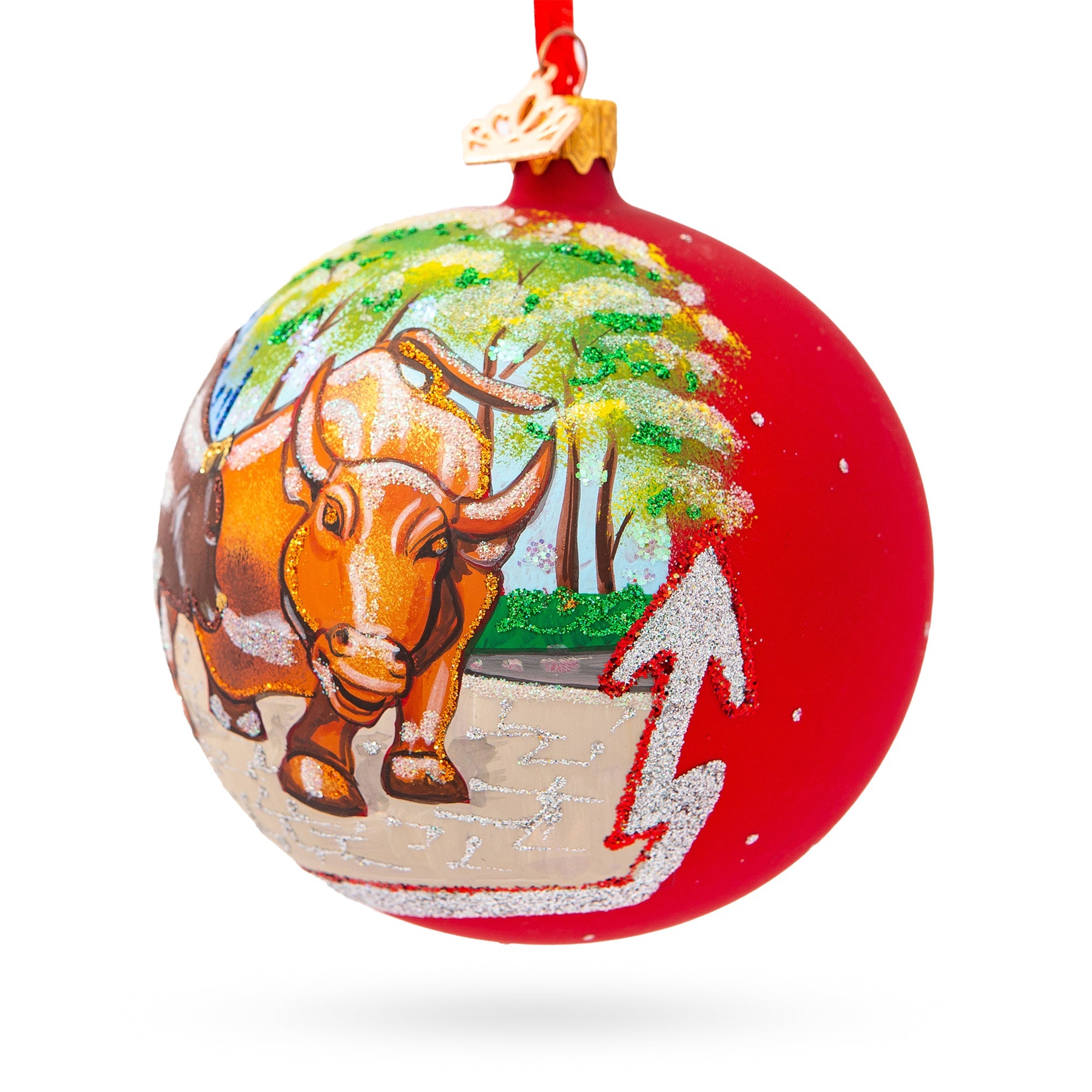 Wall Street Icons: Bear And Bull On Wall Street Blown Glass Ball Christmas Ornament 4 Inches