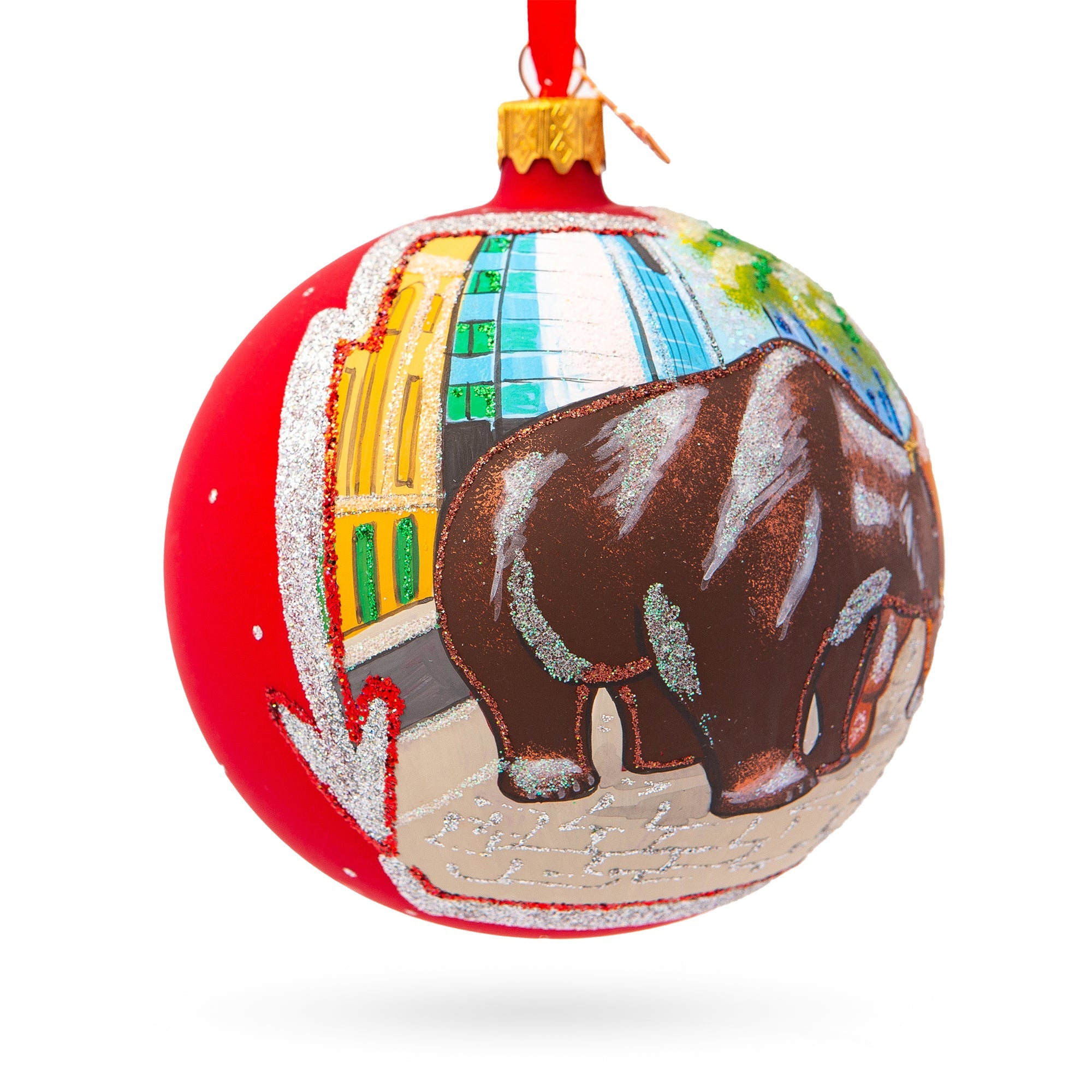 Wall Street Icons: Bear And Bull On Wall Street Blown Glass Ball Christmas Ornament 4 Inches