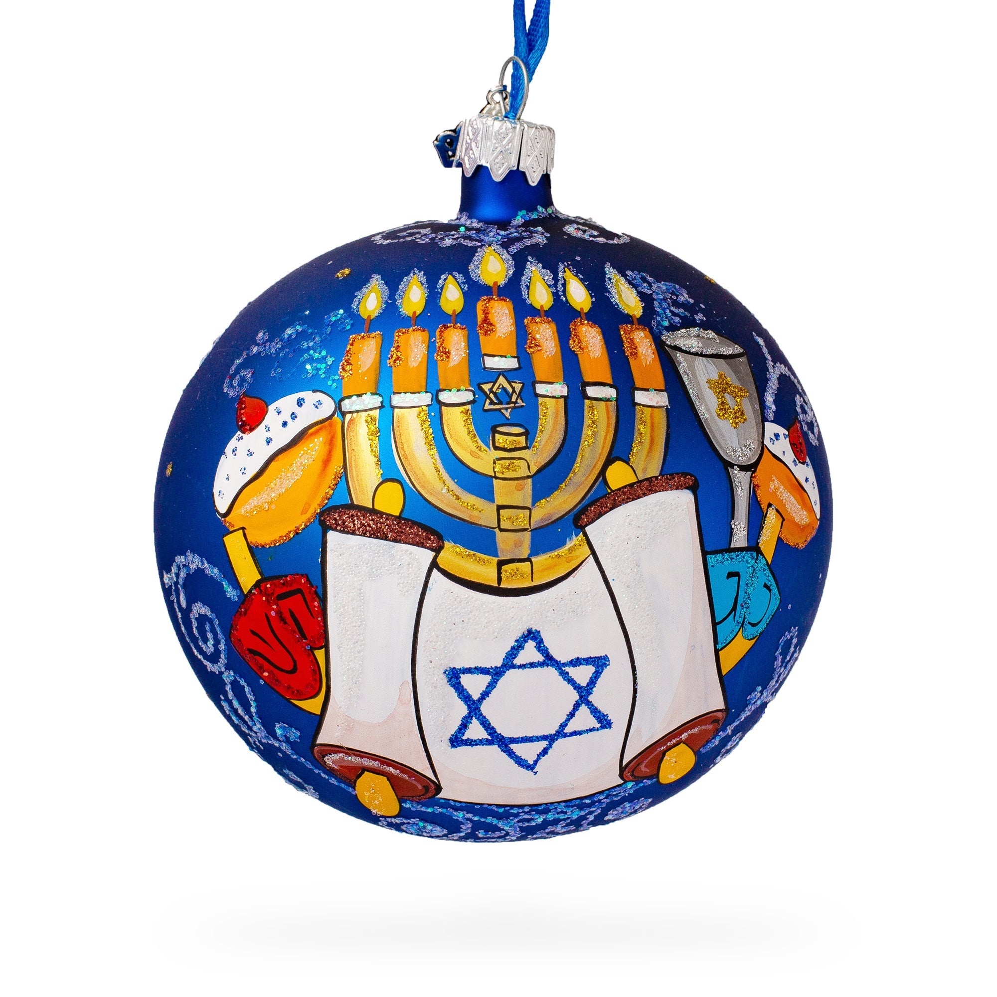 Symbolic Celebration: Menorah And Jewish Symbols Blown Glass Ball Ornament 4 Inches