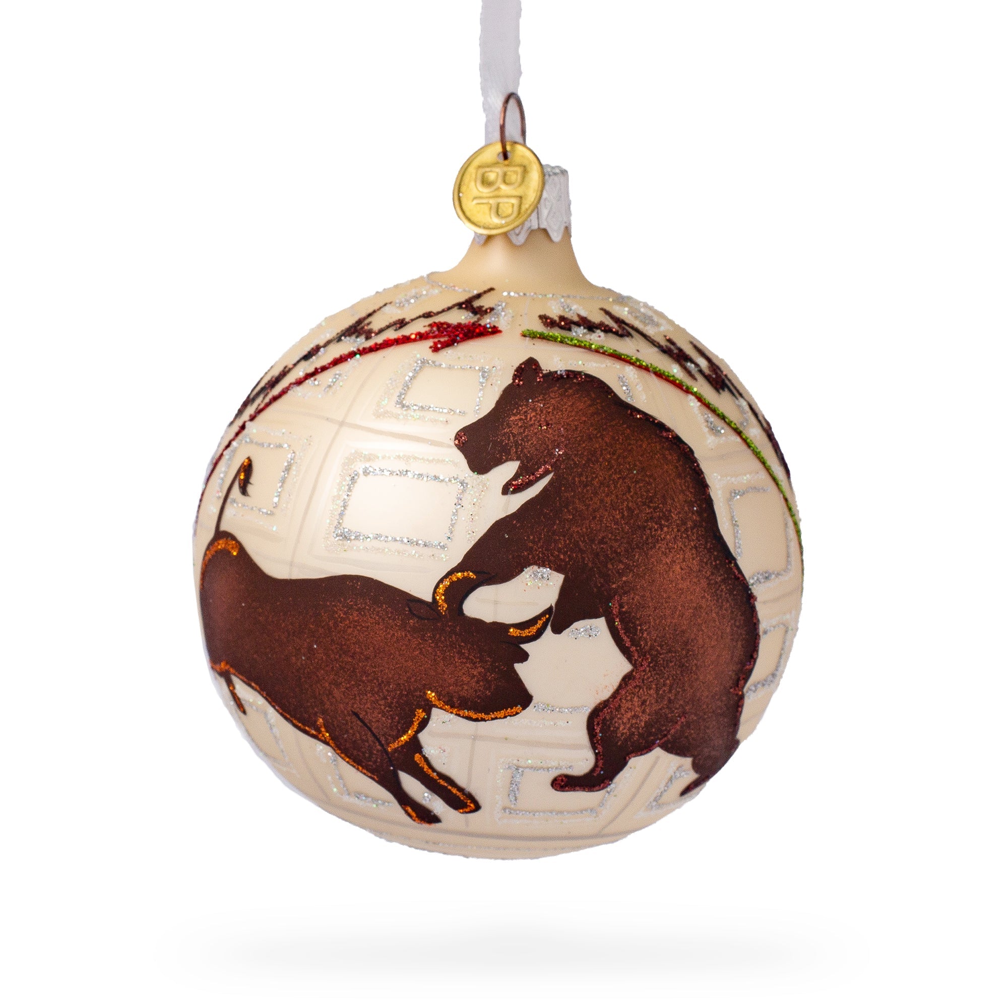 Bear And Bull On Wall Street Blown Glass Ball Christmas Ornament 3.25 Inches