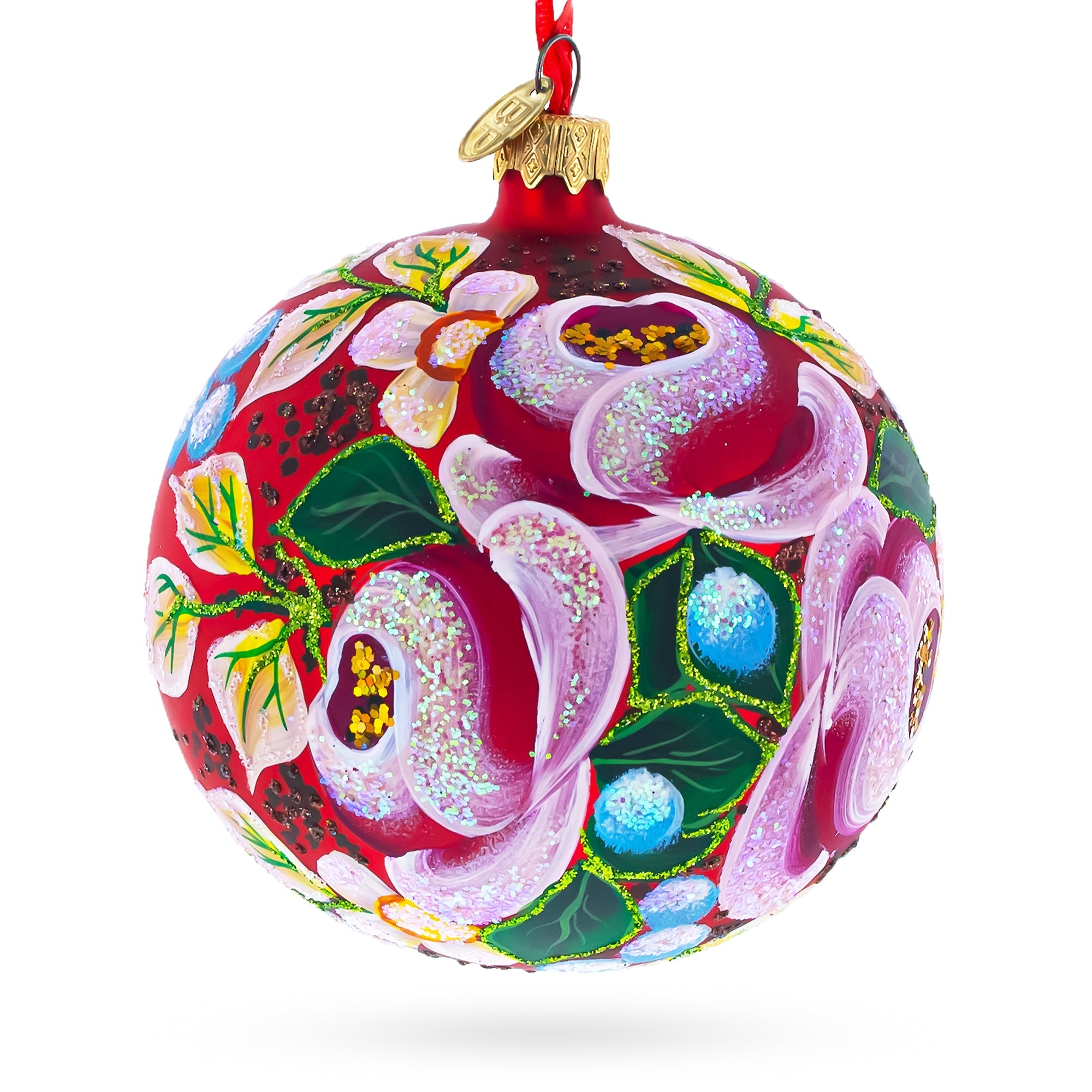 Elegant Roses Bouquet Blown Glass Ball Christmas Ornament 4 Inches