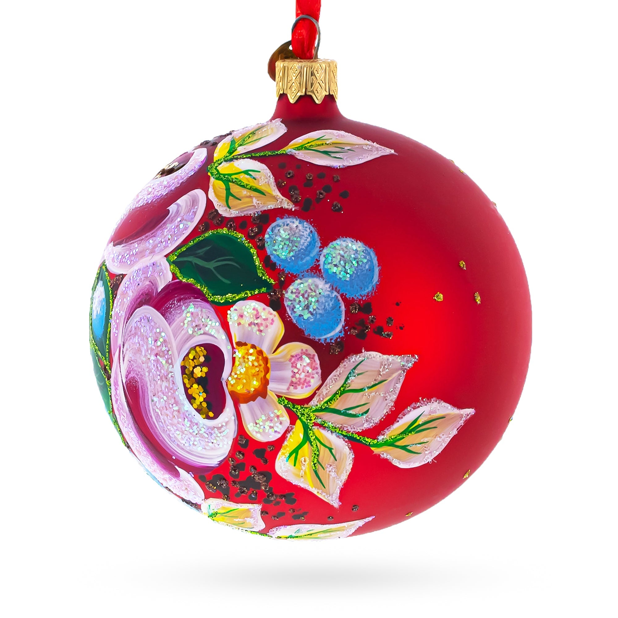 Elegant Roses Bouquet Blown Glass Ball Christmas Ornament 4 Inches