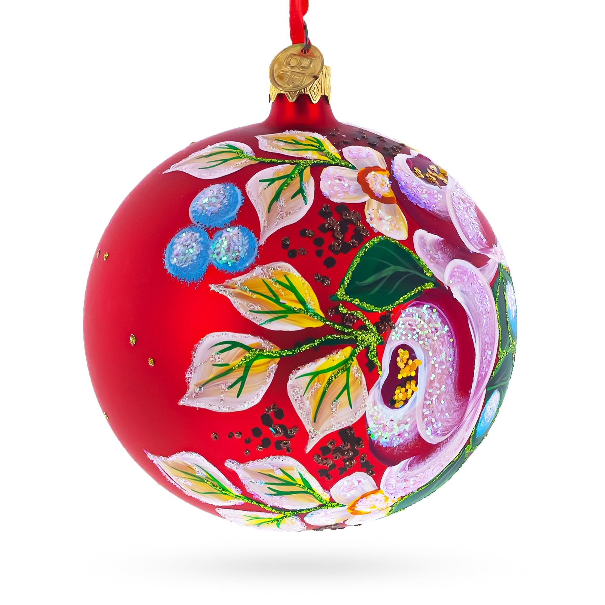 Elegant Roses Bouquet Blown Glass Ball Christmas Ornament 4 Inches