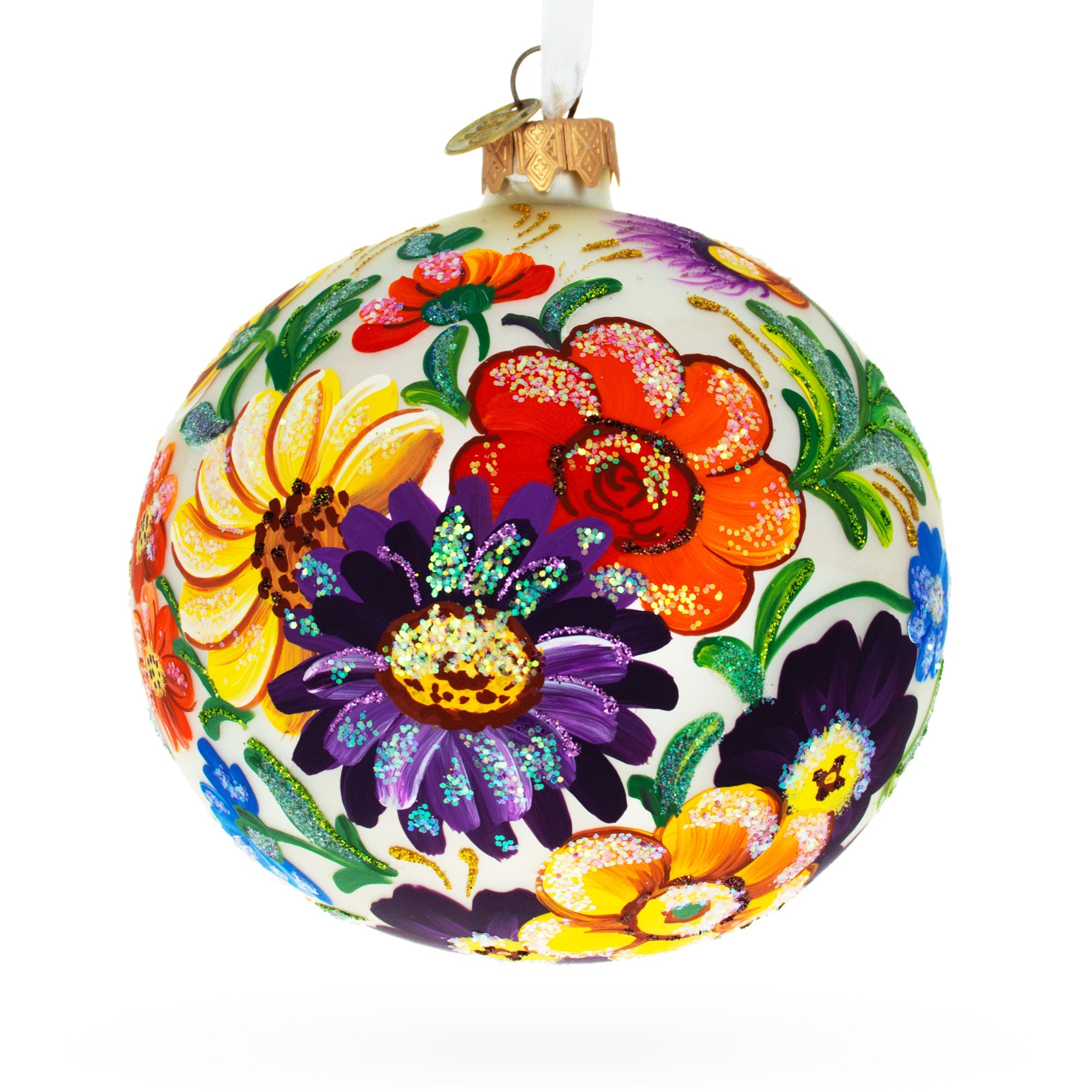 Vibrant Ukrainian Petrykivka Floral Painting Blown Glass Ball Christmas Ornament 4 Inches