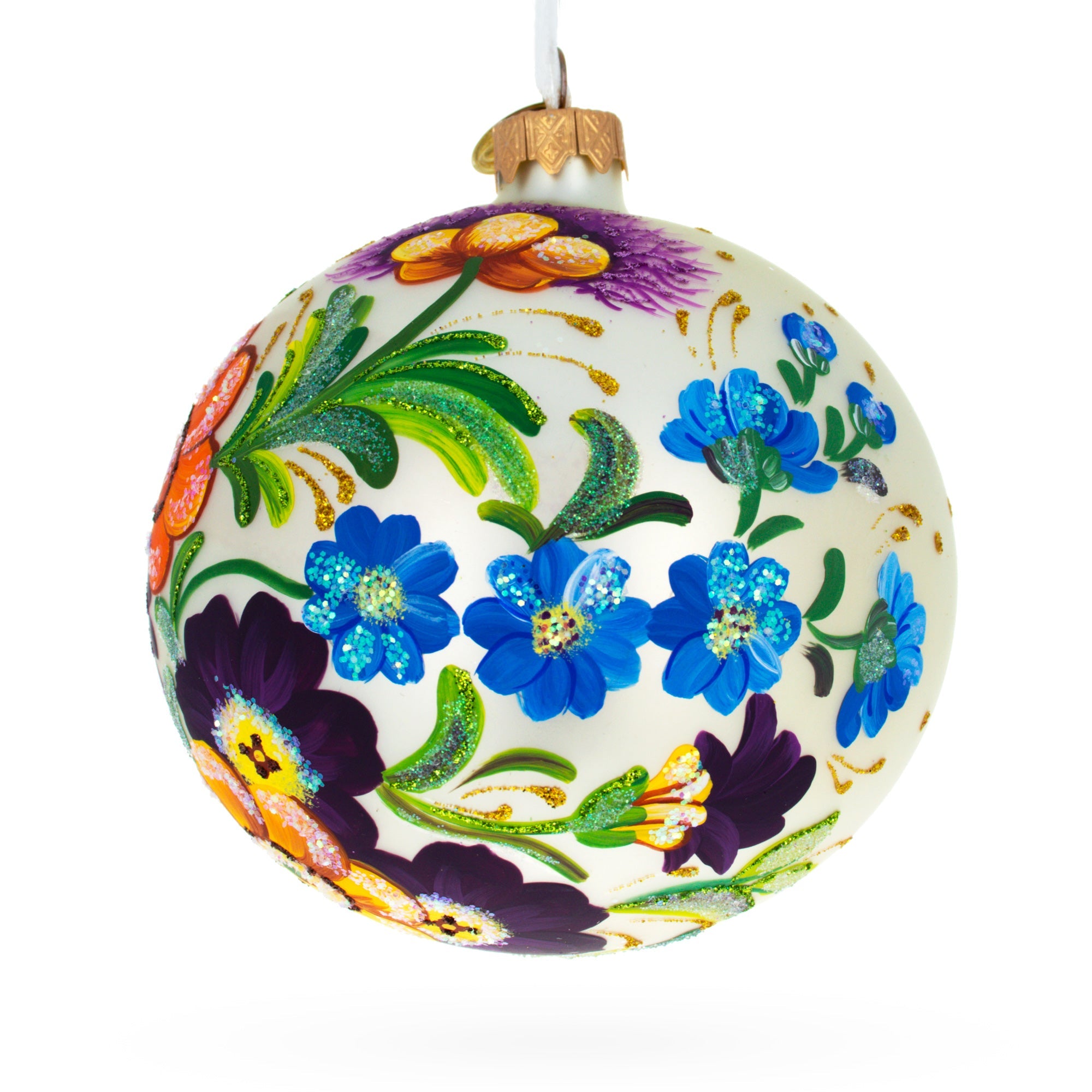 Vibrant Ukrainian Petrykivka Floral Painting Blown Glass Ball Christmas Ornament 4 Inches