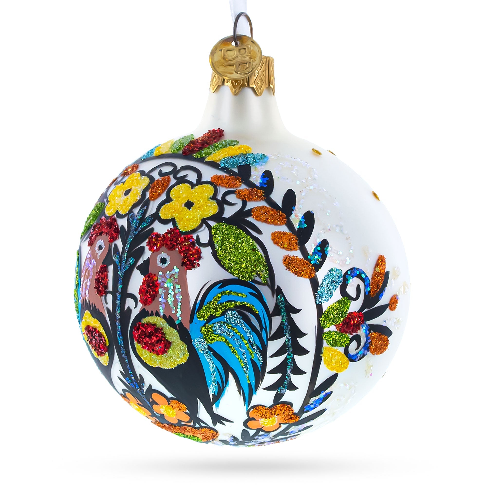 Charming Roosters: Ukrainian Petrykivka Painting Blown Glass Ball Christmas Ornament 4 Inches