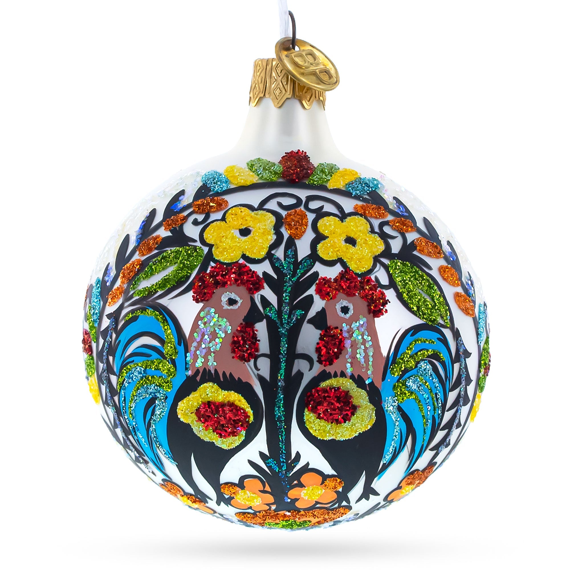 Charming Roosters: Ukrainian Petrykivka Painting Blown Glass Ball Christmas Ornament 4 Inches