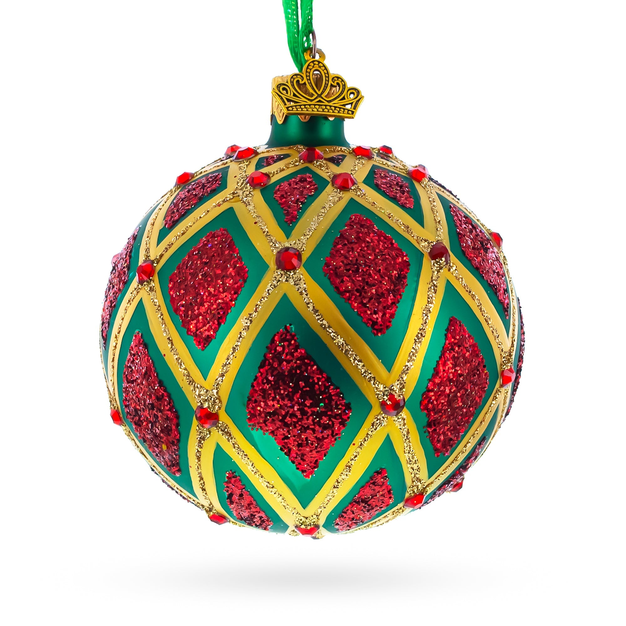 Elegant Glittered Red Ikat On Green Blown Glass Ball Christmas Ornament 3.25 Inches