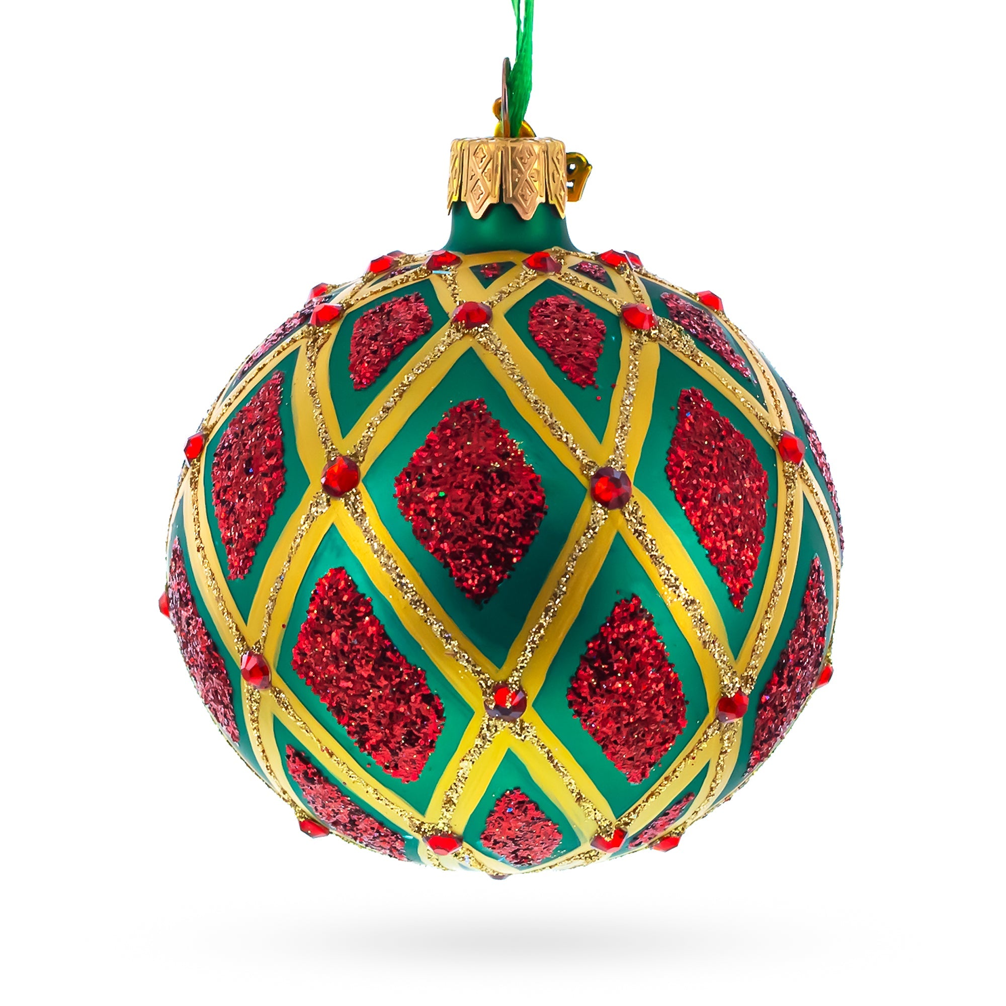 Elegant Glittered Red Ikat On Green Blown Glass Ball Christmas Ornament 3.25 Inches