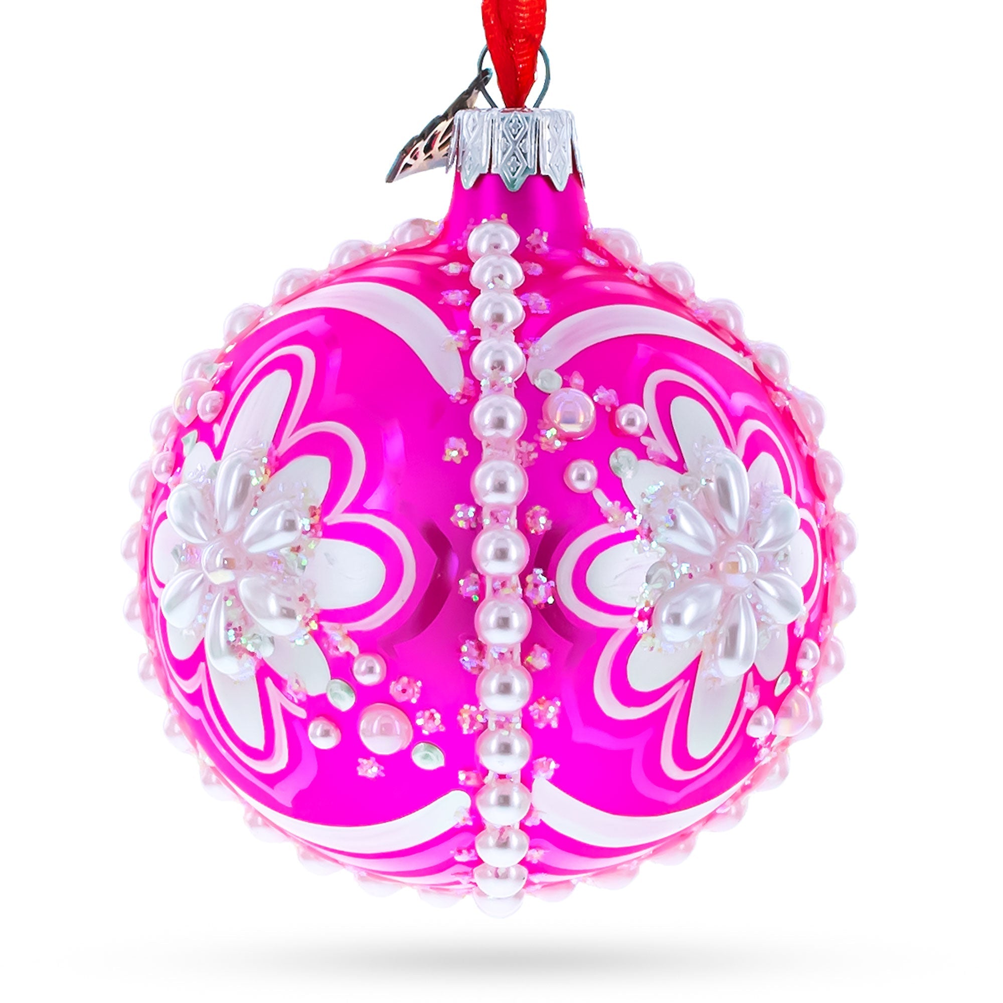 Luxurious Jeweled Pearl Flowers On Pink Blown Glass Ball Christmas Ornament 3.25 Inches