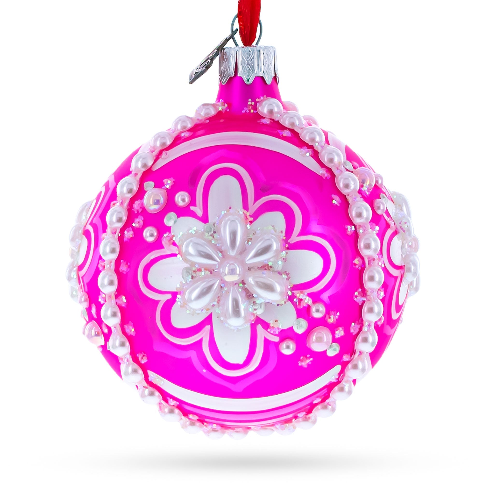 Luxurious Jeweled Pearl Flowers On Pink Blown Glass Ball Christmas Ornament 3.25 Inches