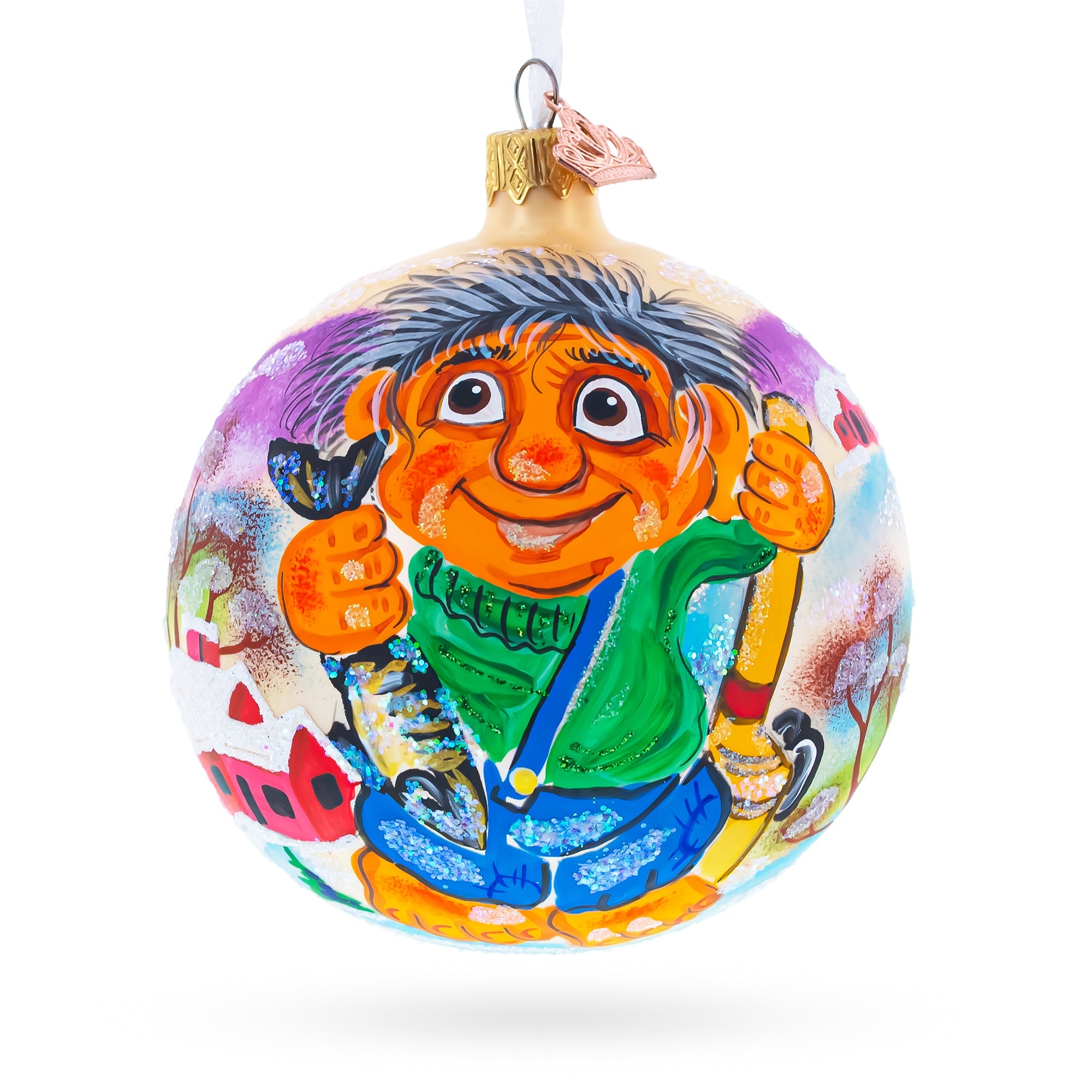 Fisherman's Catch: Troll The Fisherman Blown Glass Ball Christmas Ornament 4 Inches