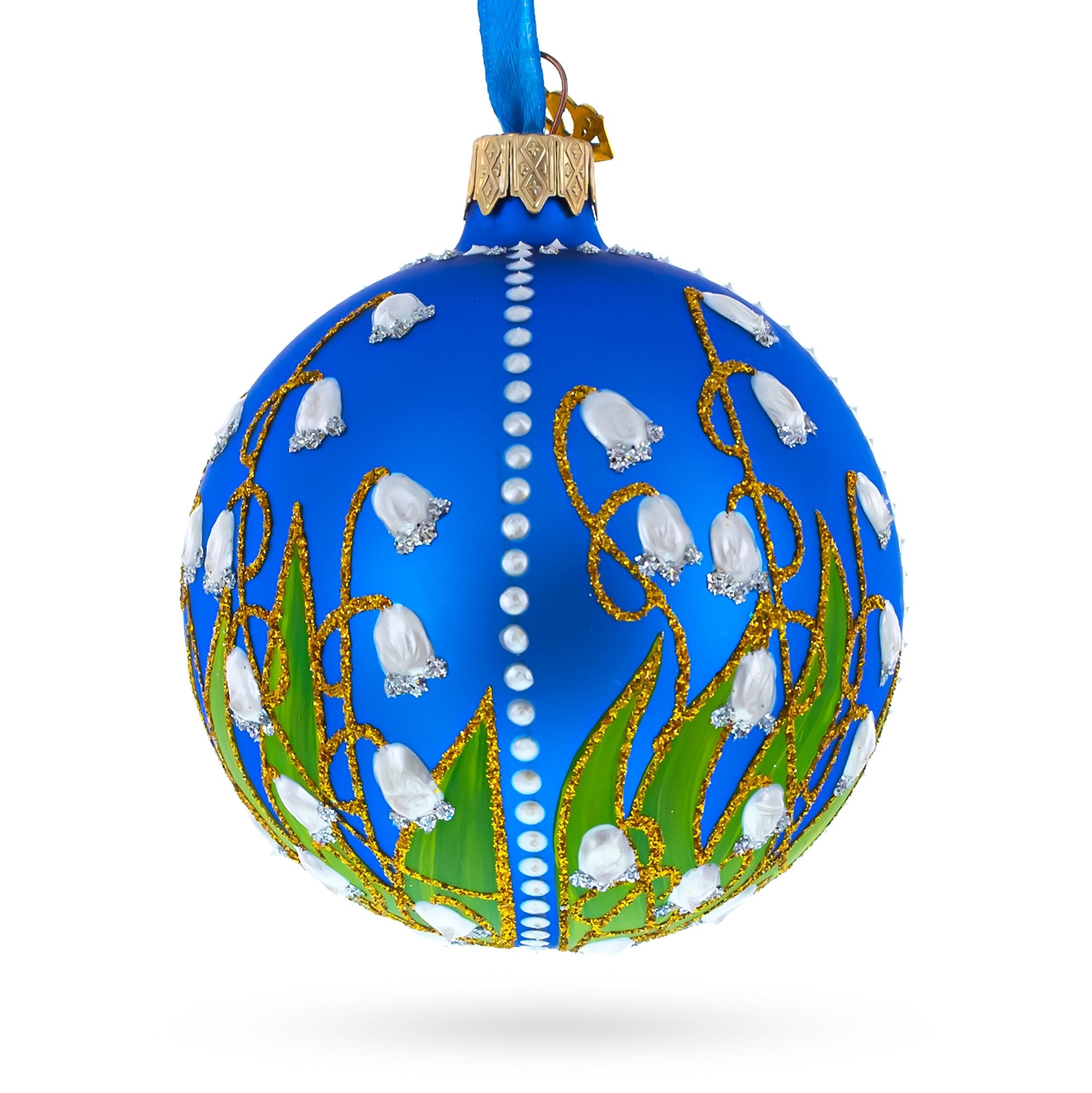 Delicate Lilies Of The Valley On Blue Blown Glass Ball Christmas Ornament 3.25 Inches