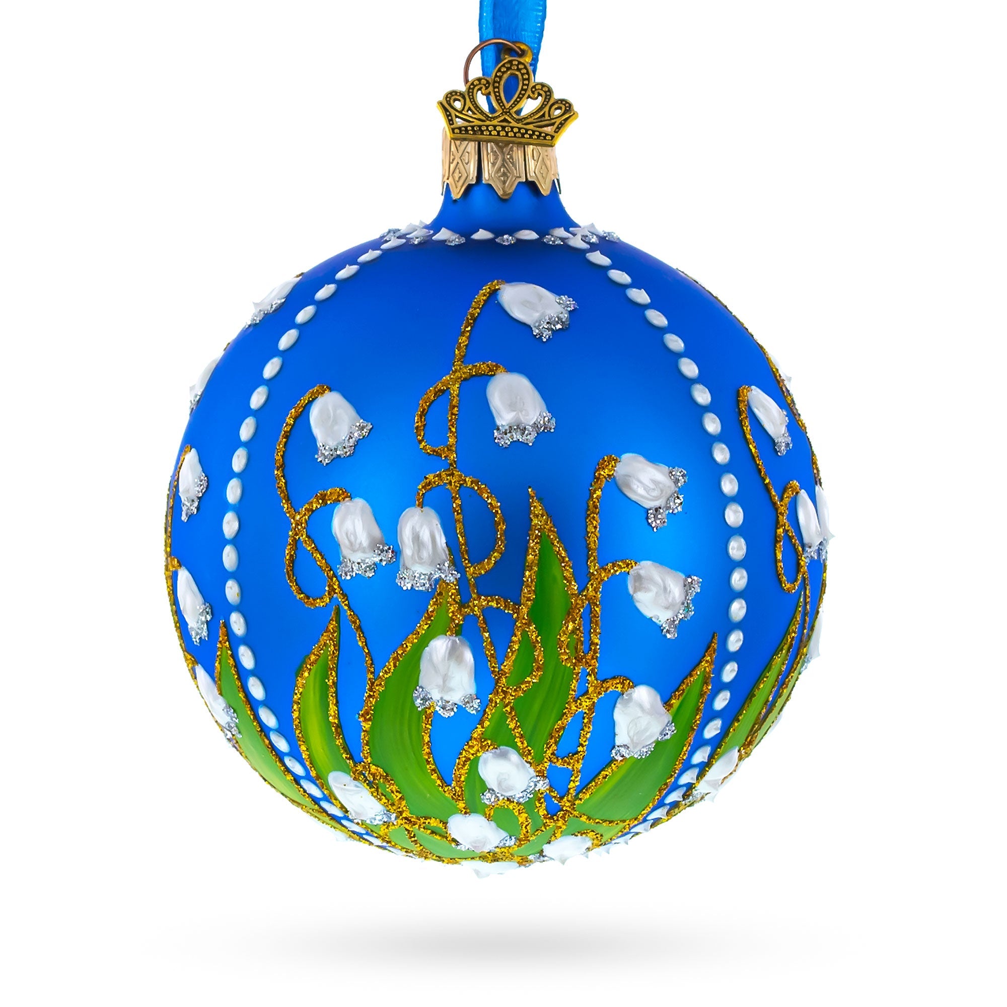 Delicate Lilies Of The Valley On Blue Blown Glass Ball Christmas Ornament 3.25 Inches