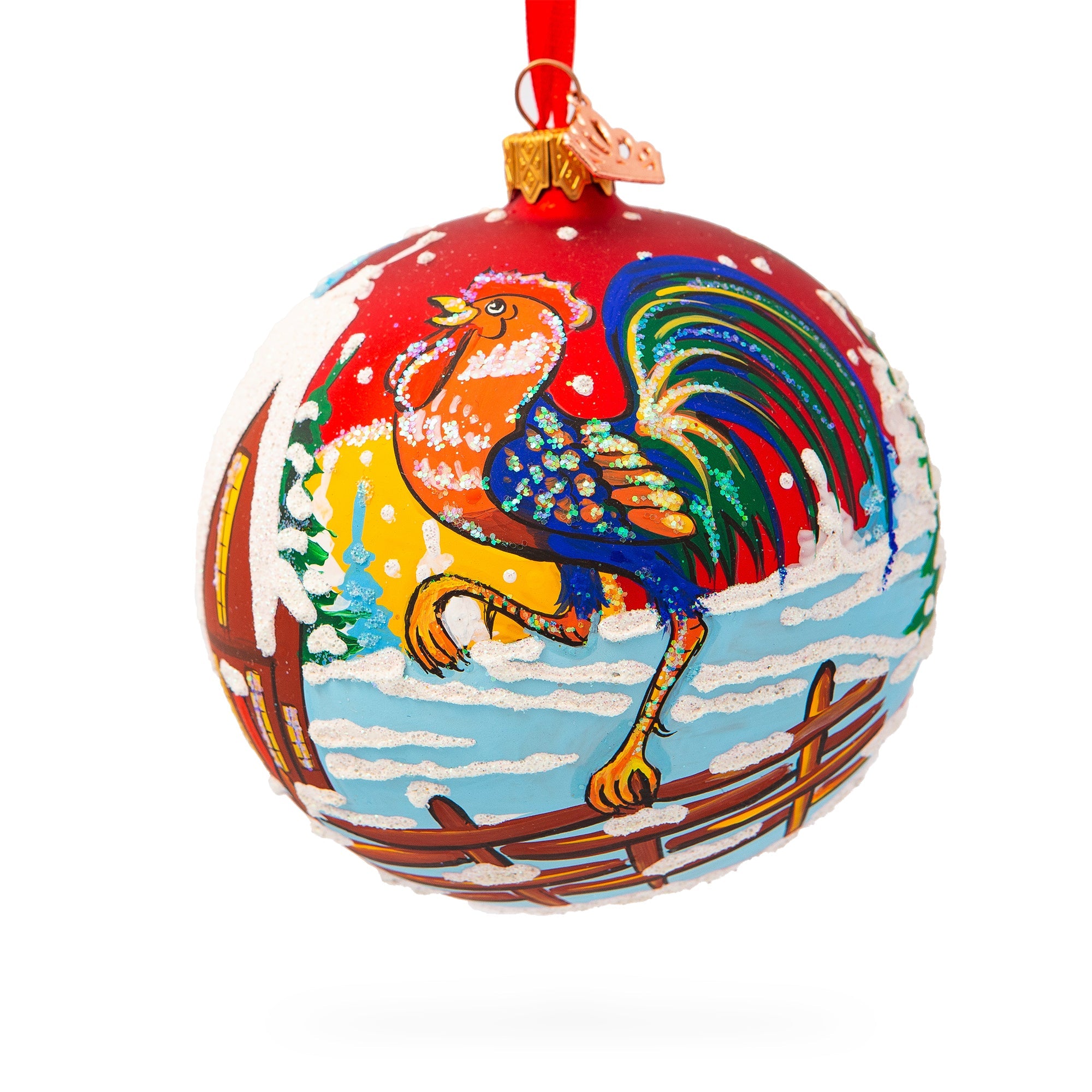 Frosty Morning Crowing: Rooster In The Winter Village Blown Glass Ball Christmas Ornament 4 Inches