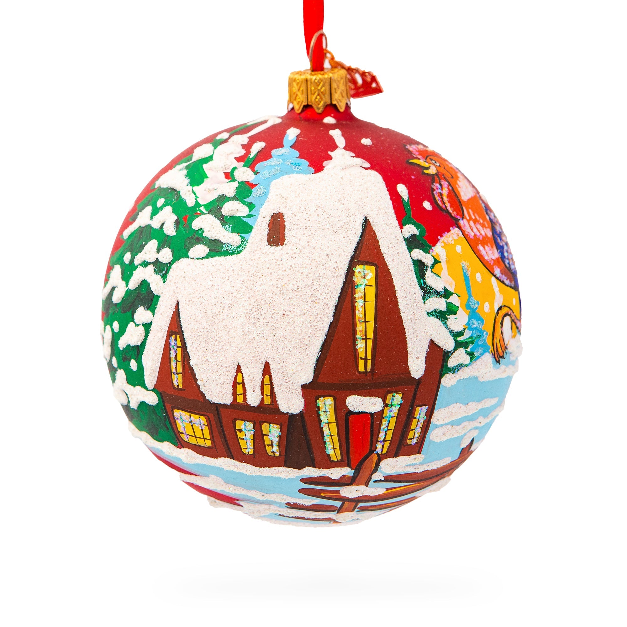 Frosty Morning Crowing: Rooster In The Winter Village Blown Glass Ball Christmas Ornament 4 Inches