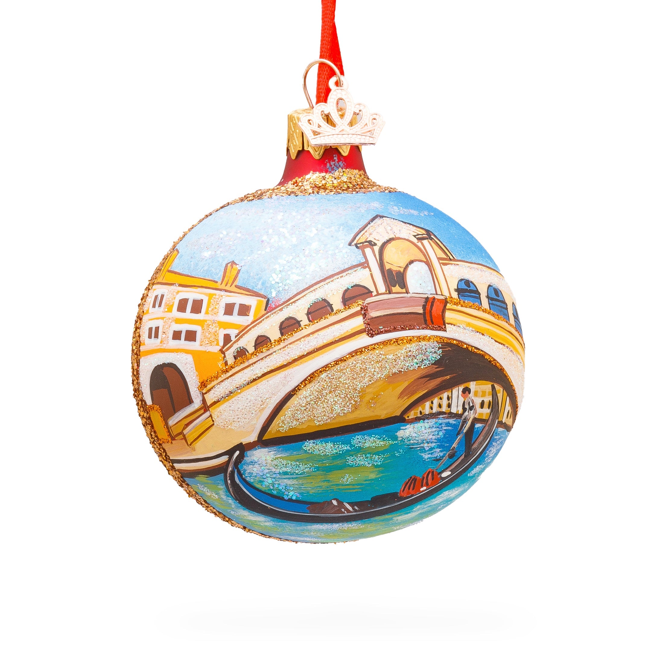 Gondola Under The Rialto Bridge, Venice, Italy Glass Ball Christmas Ornament 3.25 Inches