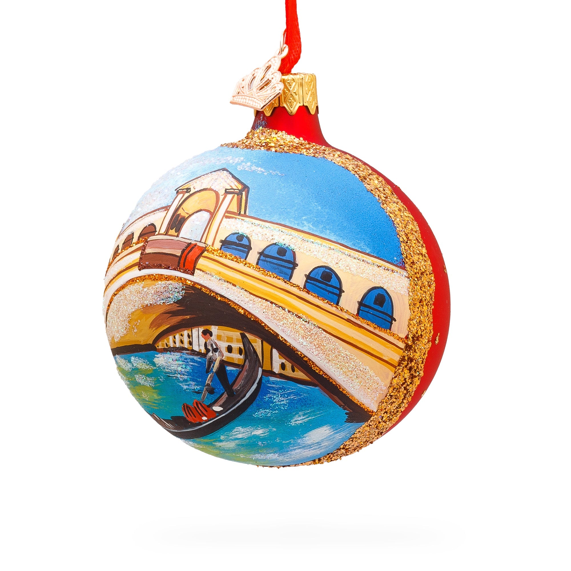 Gondola Under The Rialto Bridge, Venice, Italy Glass Ball Christmas Ornament 3.25 Inches