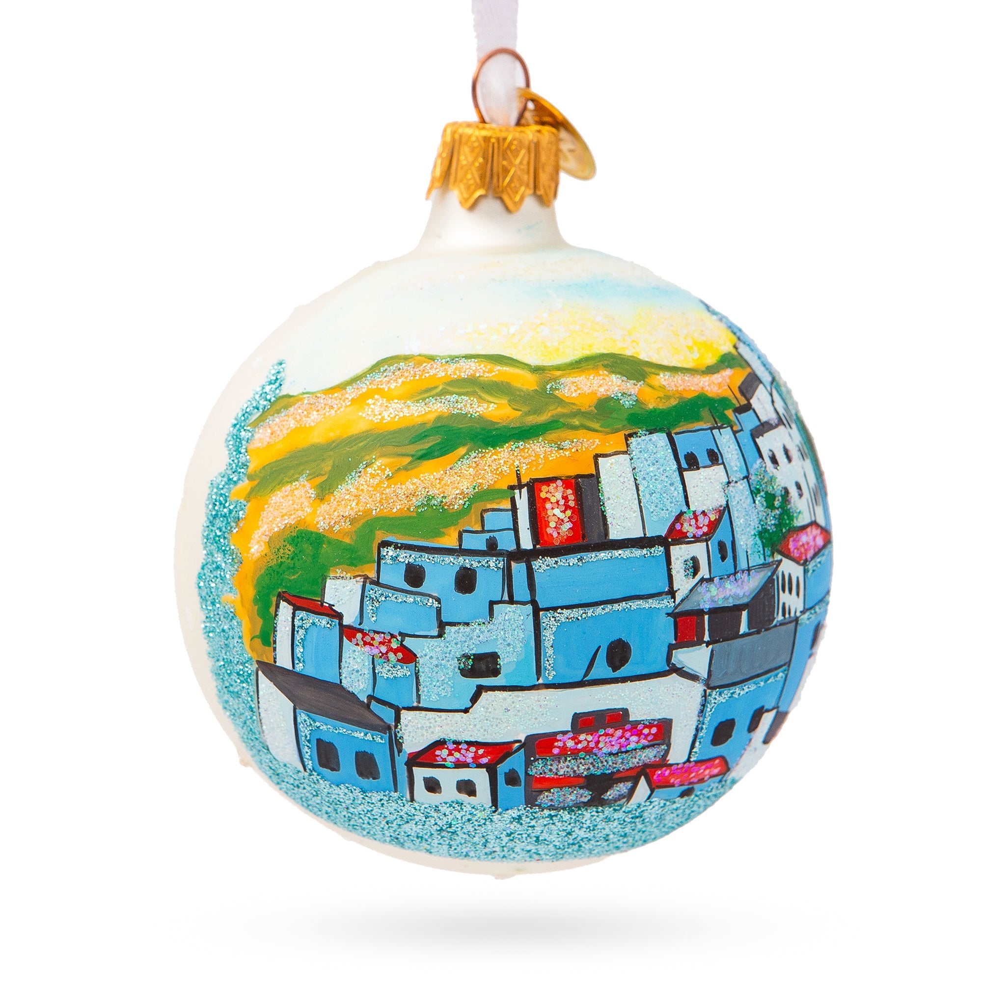 Blue City Chefchaouen, Morocco Glass Ball Christmas Ornament 3.25 Inches