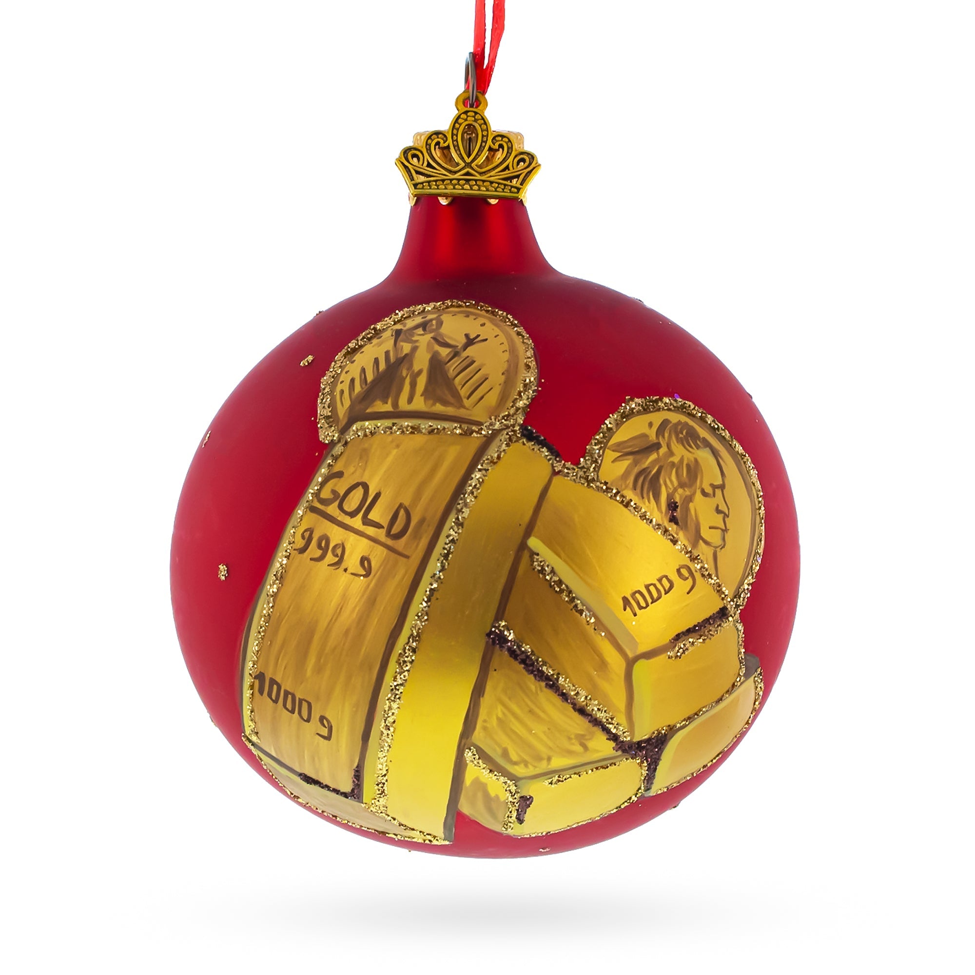 Treasures Of Wealth: Gold Bars And Coins Blown Glass Ball Christmas Ornament 3.25 Inches