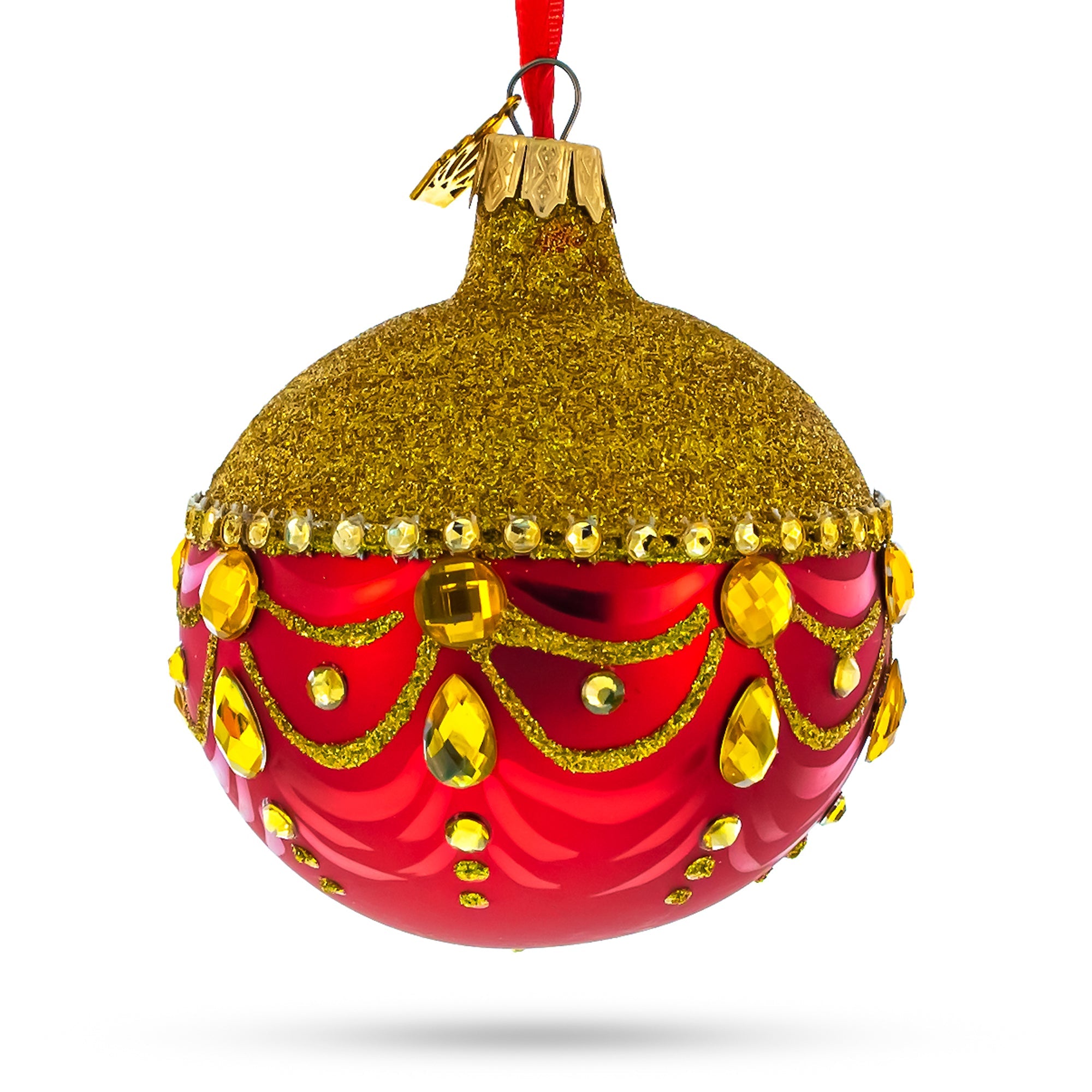 Radiant Elegance: Glittered Golden Top Red Bottom Blown Glass Ball Christmas Ornament 3.25 Inches